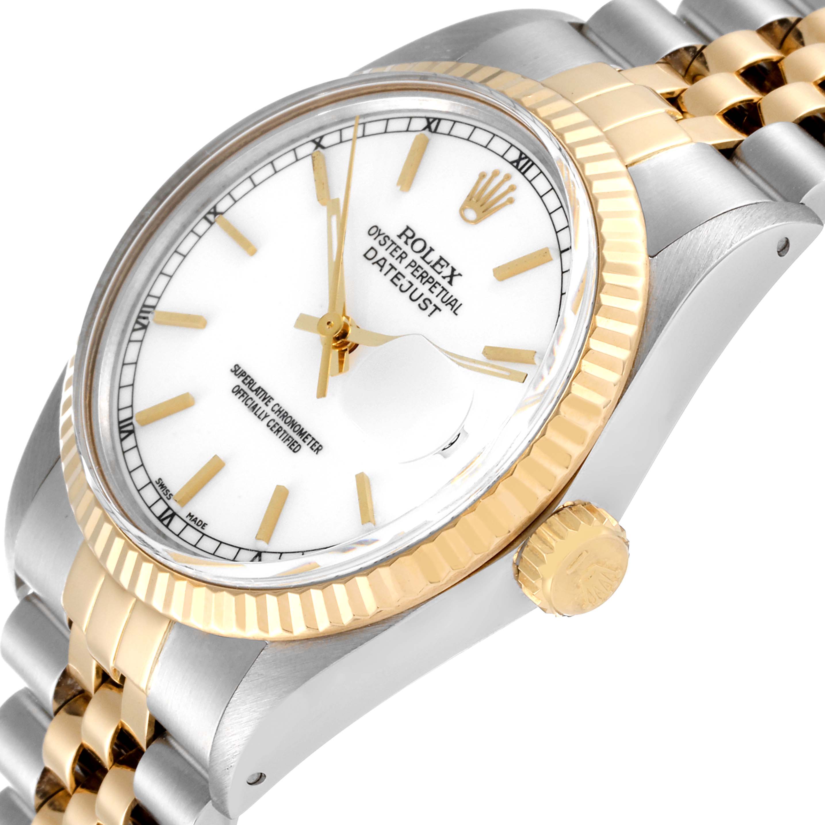 The image shows a Rolex Vintage Collection 16013 Men's Steel and Gold (two tone) White Dial 16013 Men's Steel and Gold (two tone) White Dial Oyster Perpetual Datejust watch at an angled view, highlighting the dial, bezel, and part of the bracelet.