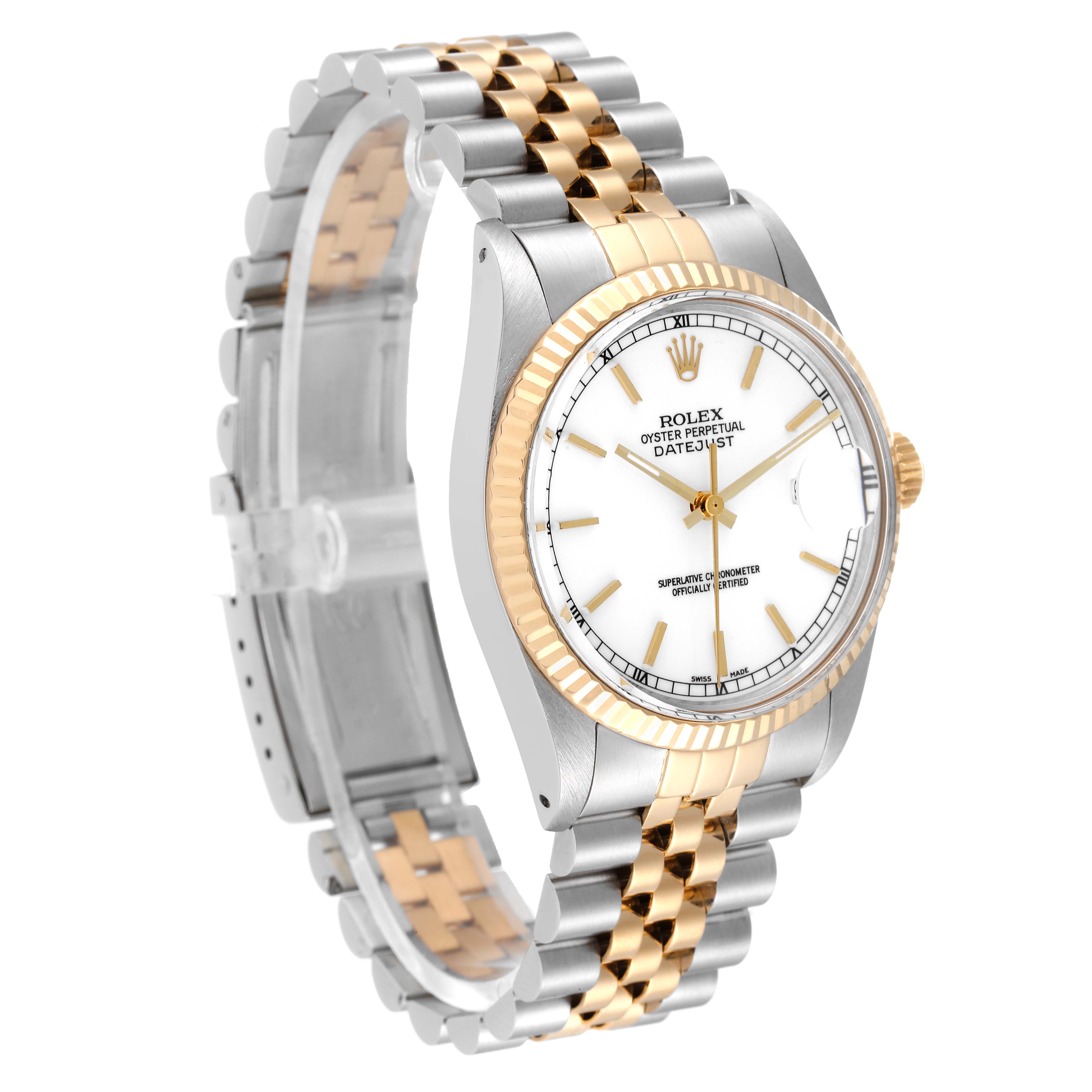 The Rolex Vintage Collection 16013 Men's Steel and Gold (two tone) White Dial 16013 Men's Steel and Gold (two tone) White Dial model is shown at a three-quarter angle, displaying its face, bezel, crown, and bracelet.