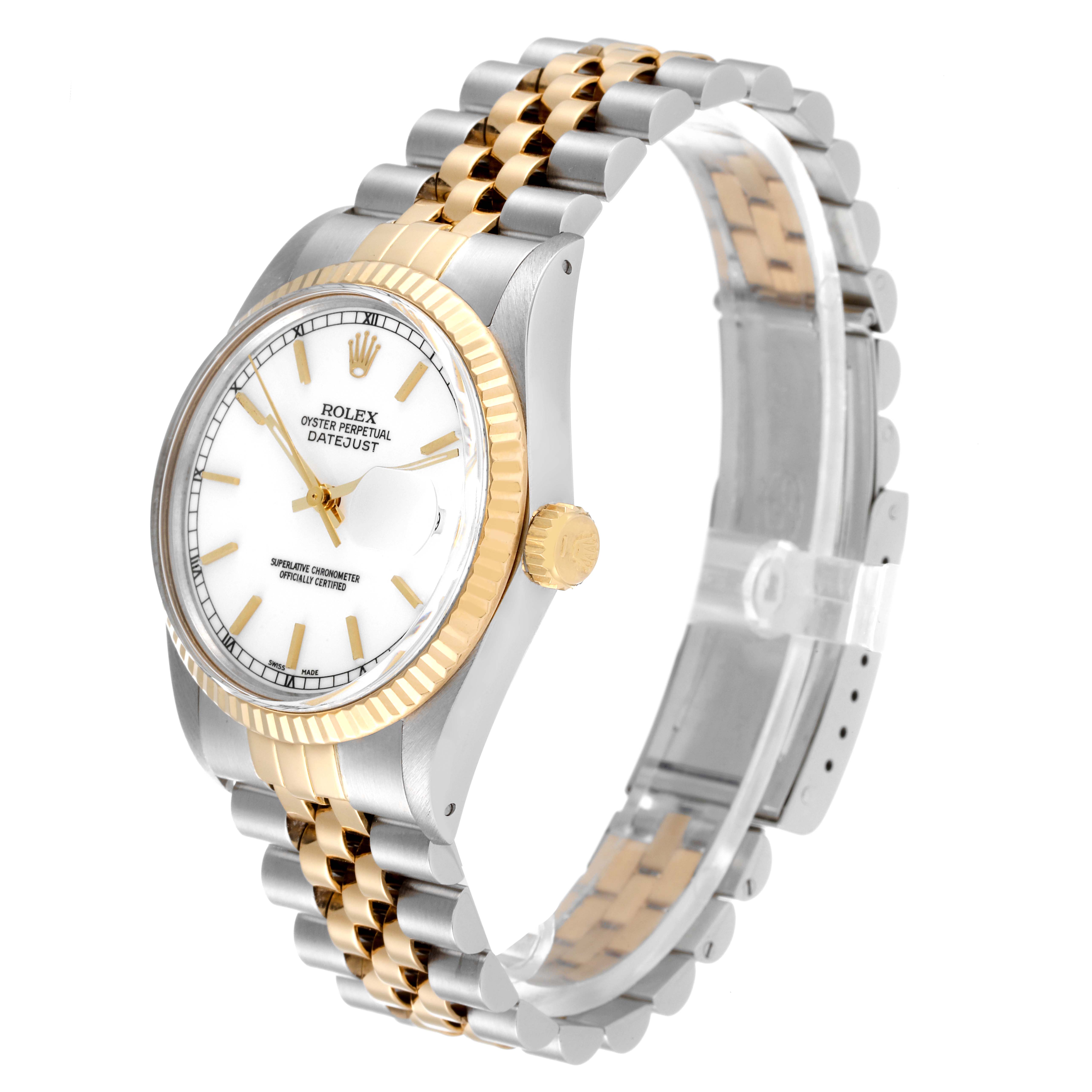 The image shows a side view of the Rolex Vintage Collection 16013 Men's Steel and Gold (two tone) White Dial 16013 Men's Steel and Gold (two tone) White Dial model with its face, crown, and two-tone bracelet clearly visible.