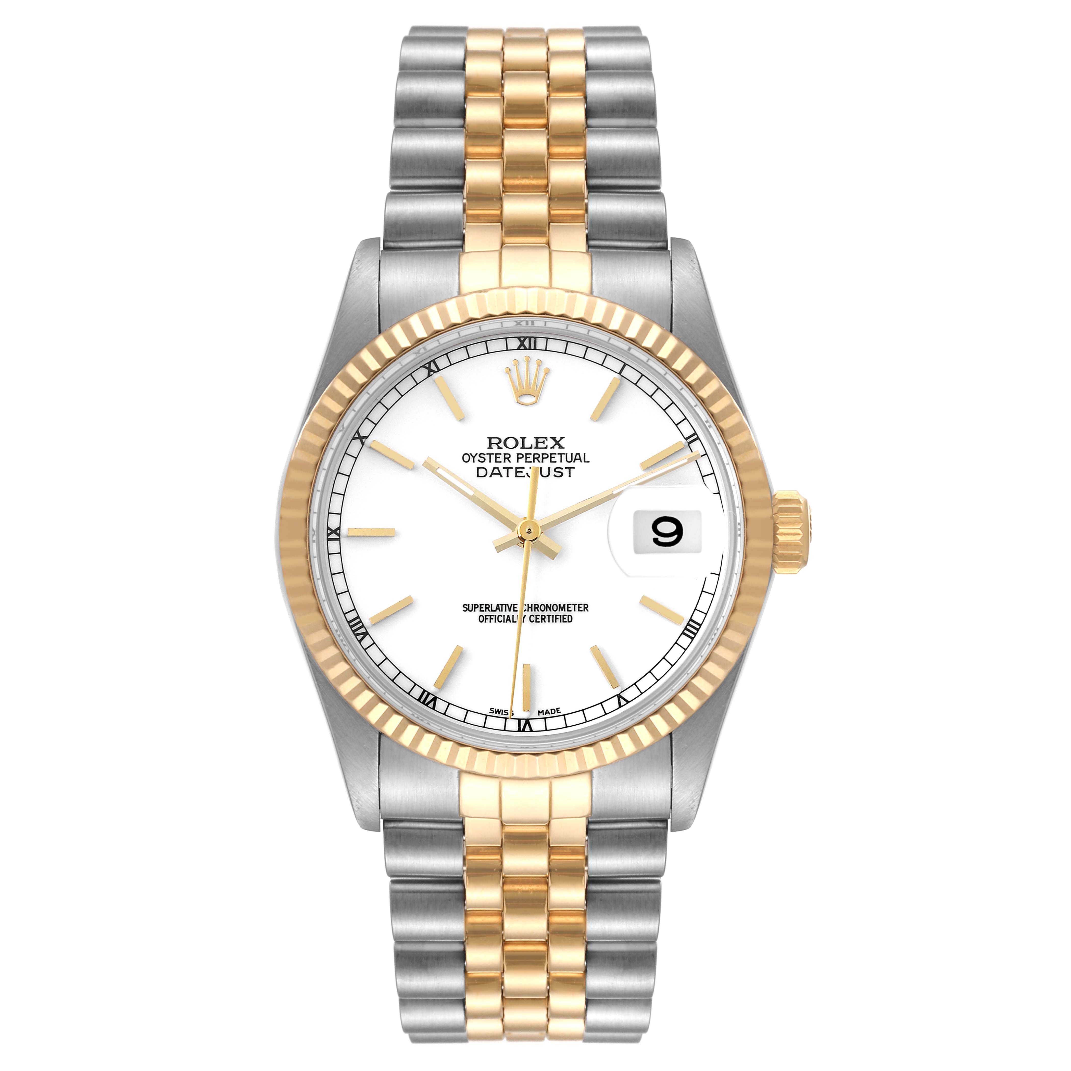 The image shows a front view of the Rolex Vintage Collection 16013 Men's Steel and Gold (two tone) White Dial 16013 Men's Steel and Gold (two tone) White Dial model, featuring a two-tone bracelet, gold bezel, and white dial.