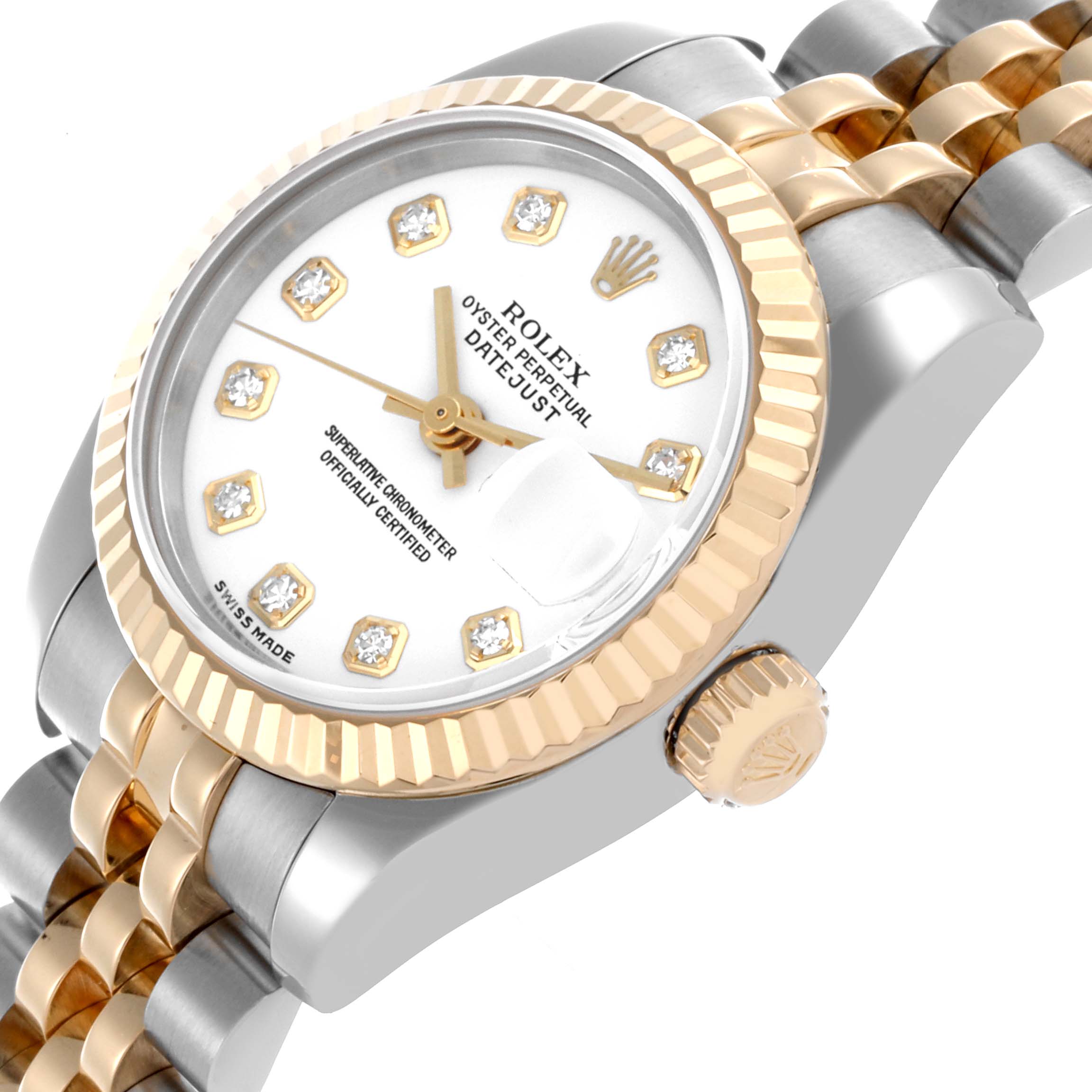 The Rolex Datejust 179173 Women's Steel and Gold (two tone) White Dial 179173 Women's Steel and Gold (two tone) White Dial watch is shown at a slight angle, displaying the face, bezel, crown, and part of the bracelet.