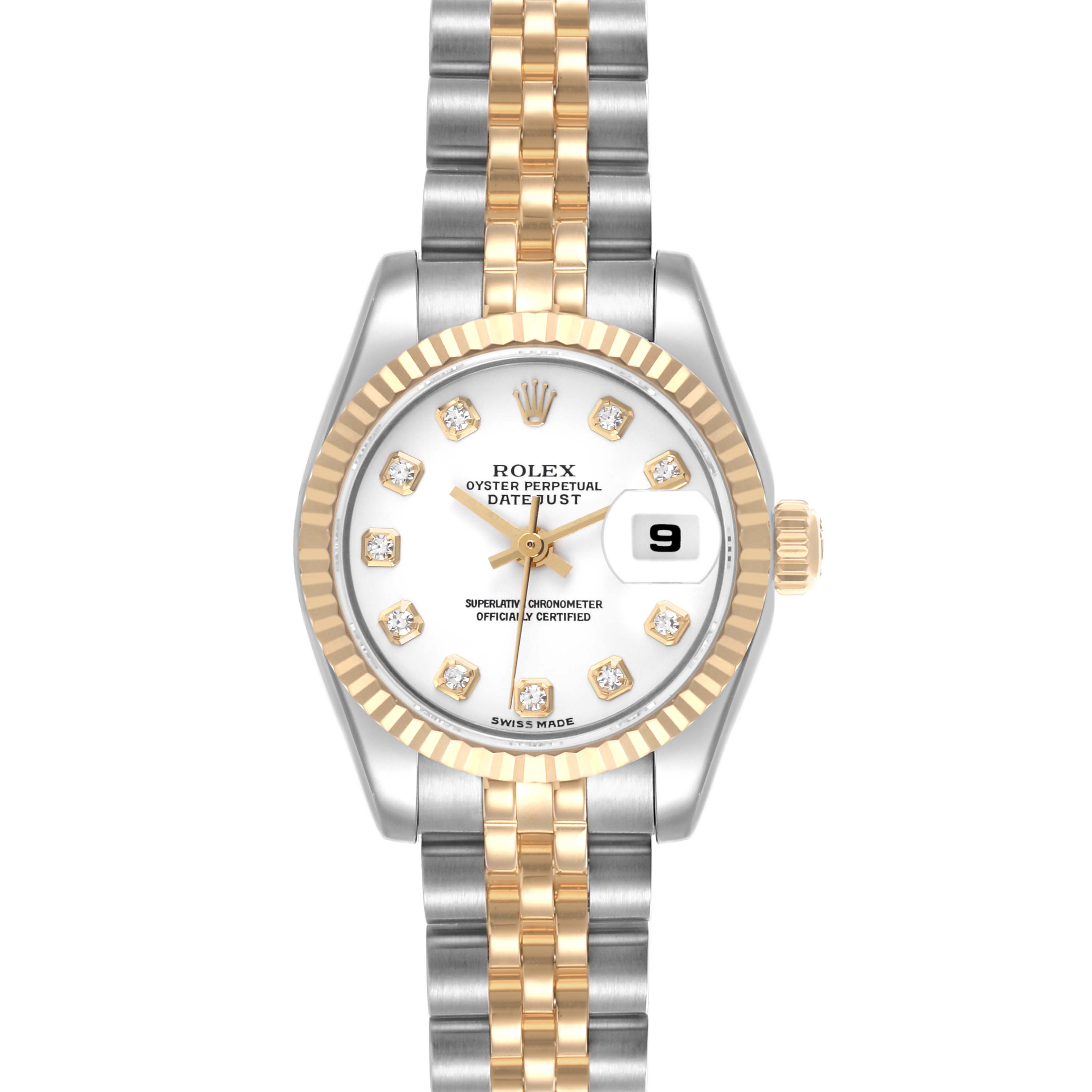 The image shows a front view of the Rolex Datejust 179173 Women's Steel and Gold (two tone) White Dial 179173 Women's Steel and Gold (two tone) White Dial watch, highlighting its dial, fluted bezel, and two-tone bracelet.