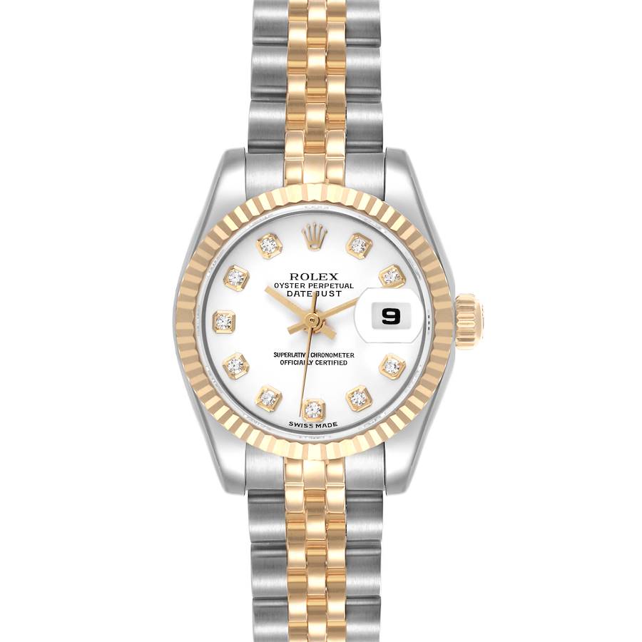 The image shows a front view of the Rolex Datejust watch, highlighting its dial, fluted bezel, and two-tone bracelet.