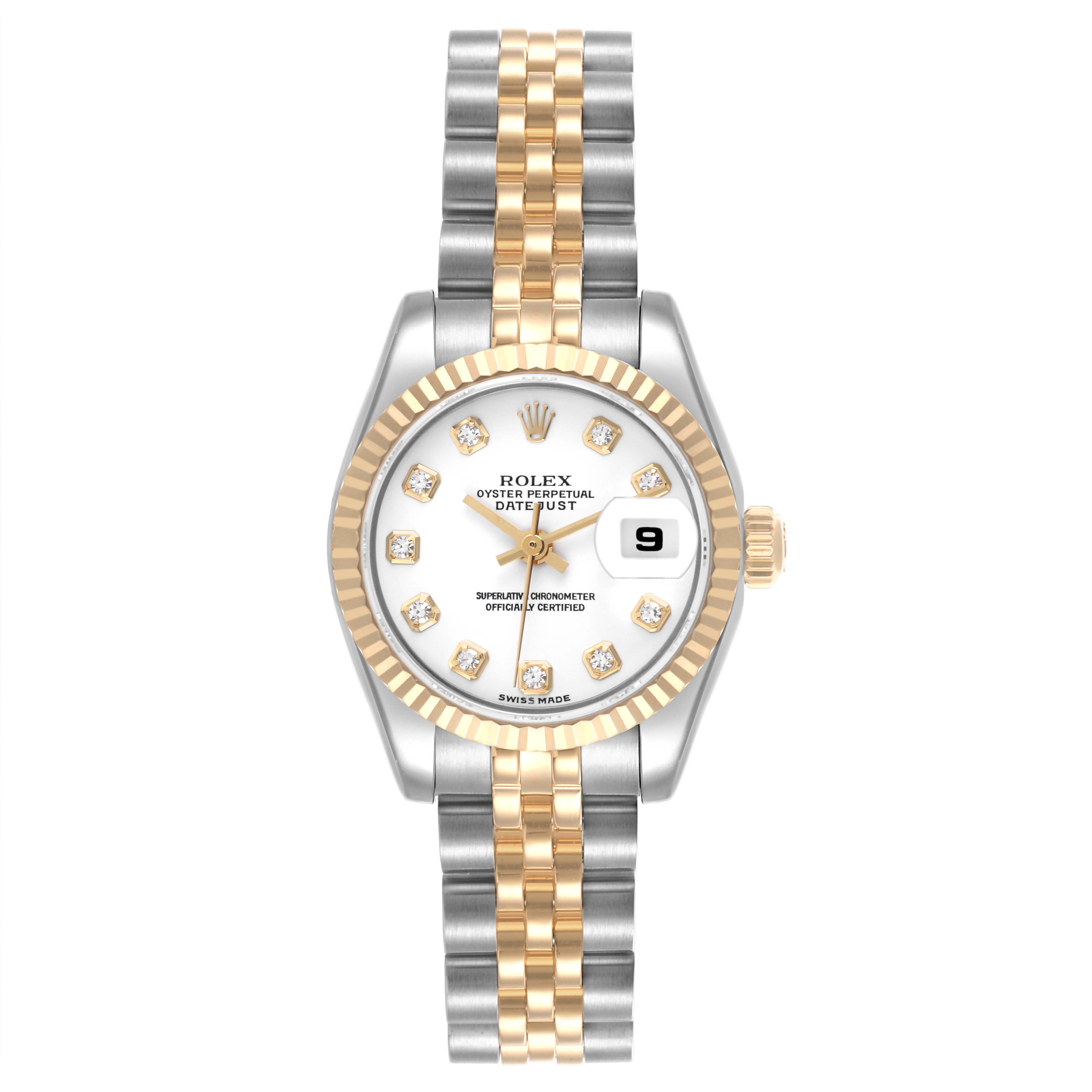 The Rolex Datejust 179173 Women's Steel and Gold (two tone) White Dial 179173 Women's Steel and Gold (two tone) White Dial watch is shown from a front angle, featuring its dial, diamond hour markers, bezel, and two-tone bracelet.