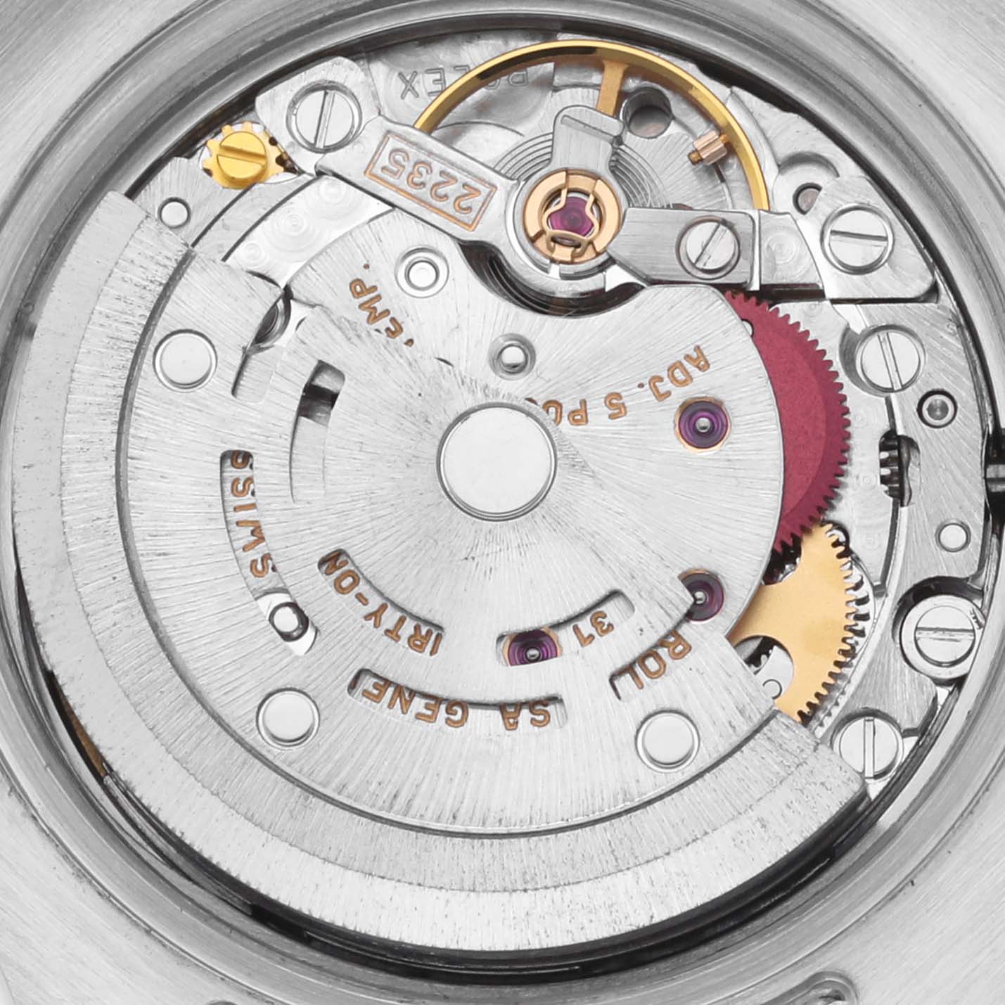 This image shows the movement mechanism of a Rolex Datejust 179173 Women's Steel and Gold (two tone) White Dial 179173 Women's Steel and Gold (two tone) White Dial watch from a top-down angle.