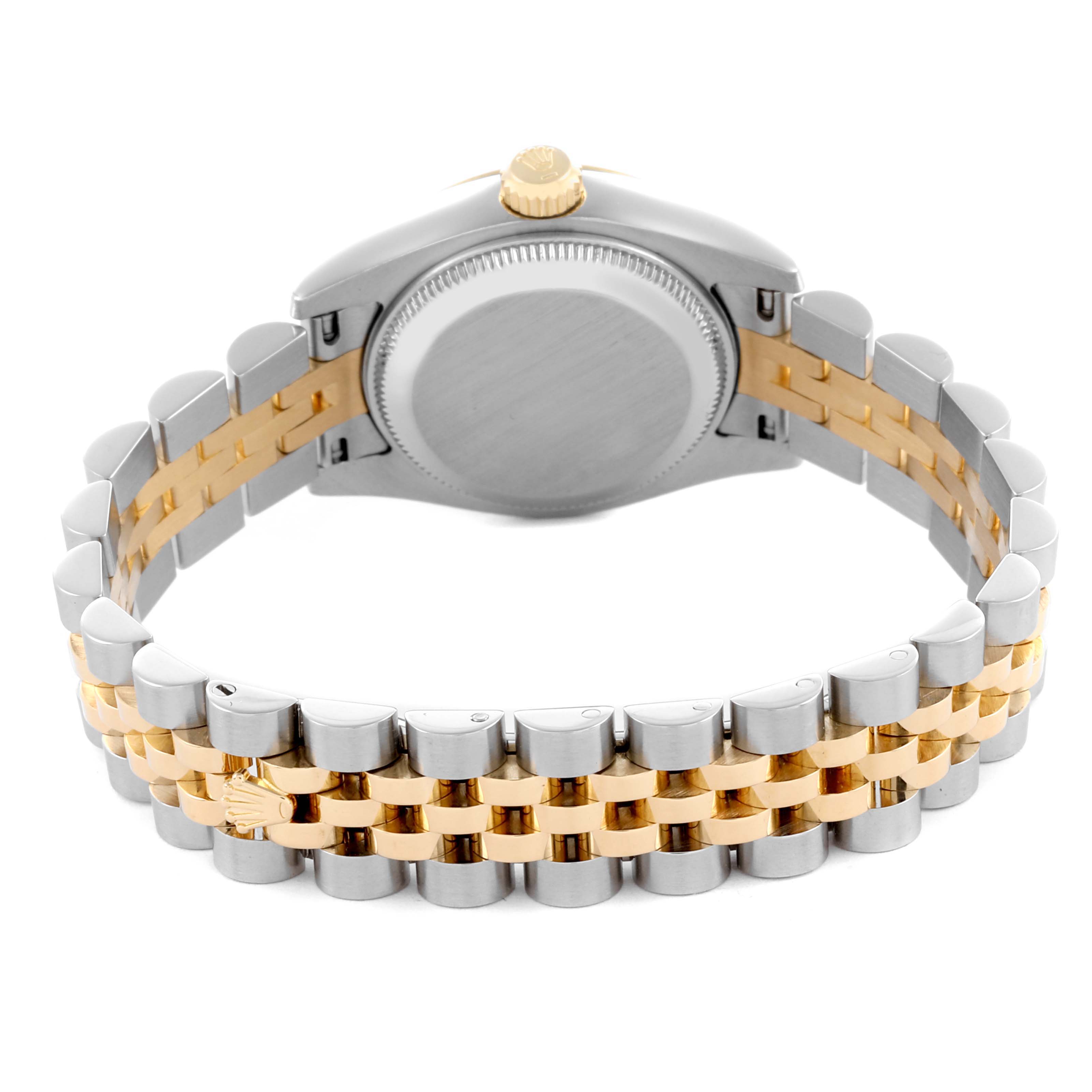 The image shows the back view of a Rolex Datejust 179173 Women's Steel and Gold (two tone) White Dial 179173 Women's Steel and Gold (two tone) White Dial watch, focusing on the case back and two-tone bracelet.