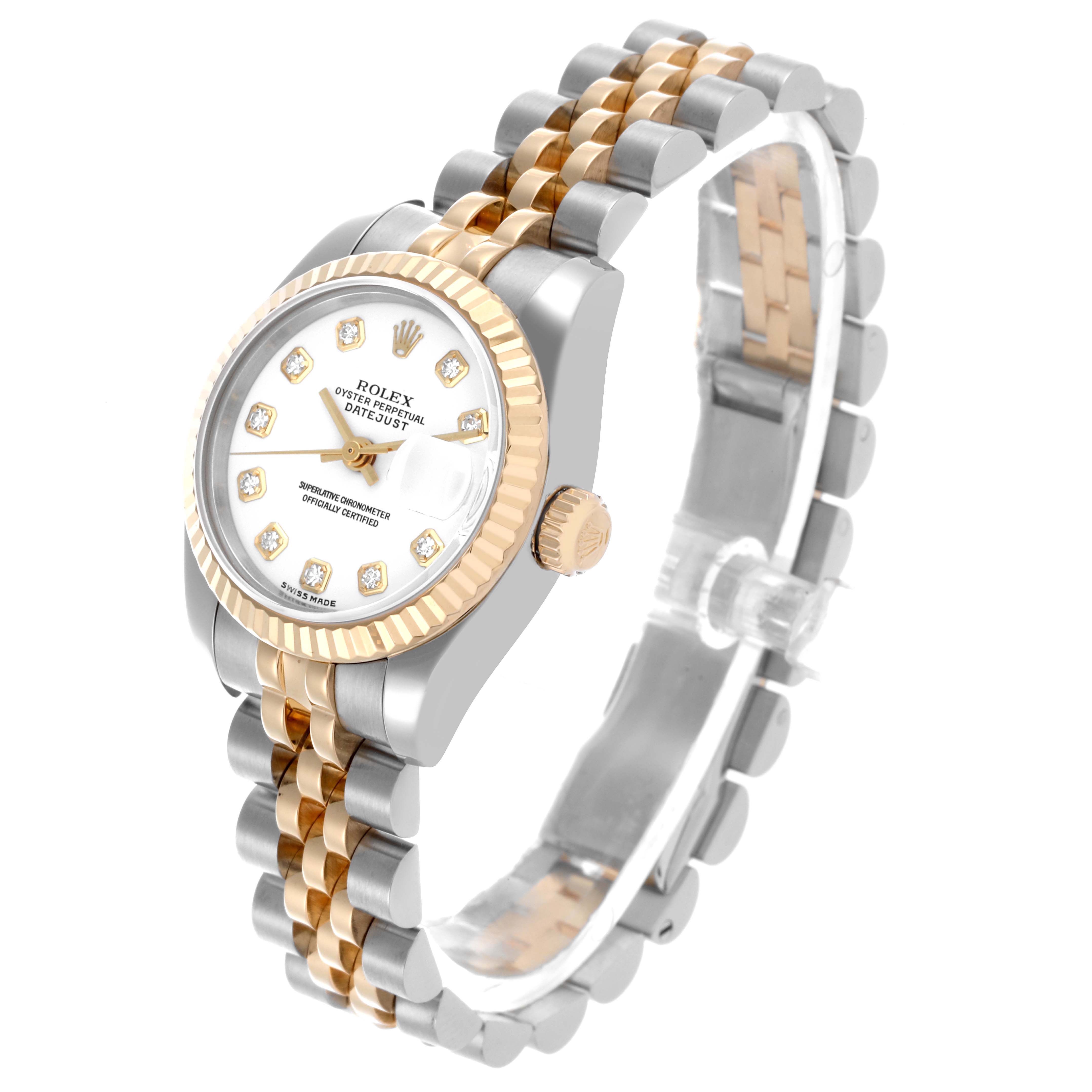 The Rolex Datejust 179173 Women's Steel and Gold (two tone) White Dial 179173 Women's Steel and Gold (two tone) White Dial watch is shown at a slight angle, highlighting its dial, bezel, crown, and two-tone bracelet.