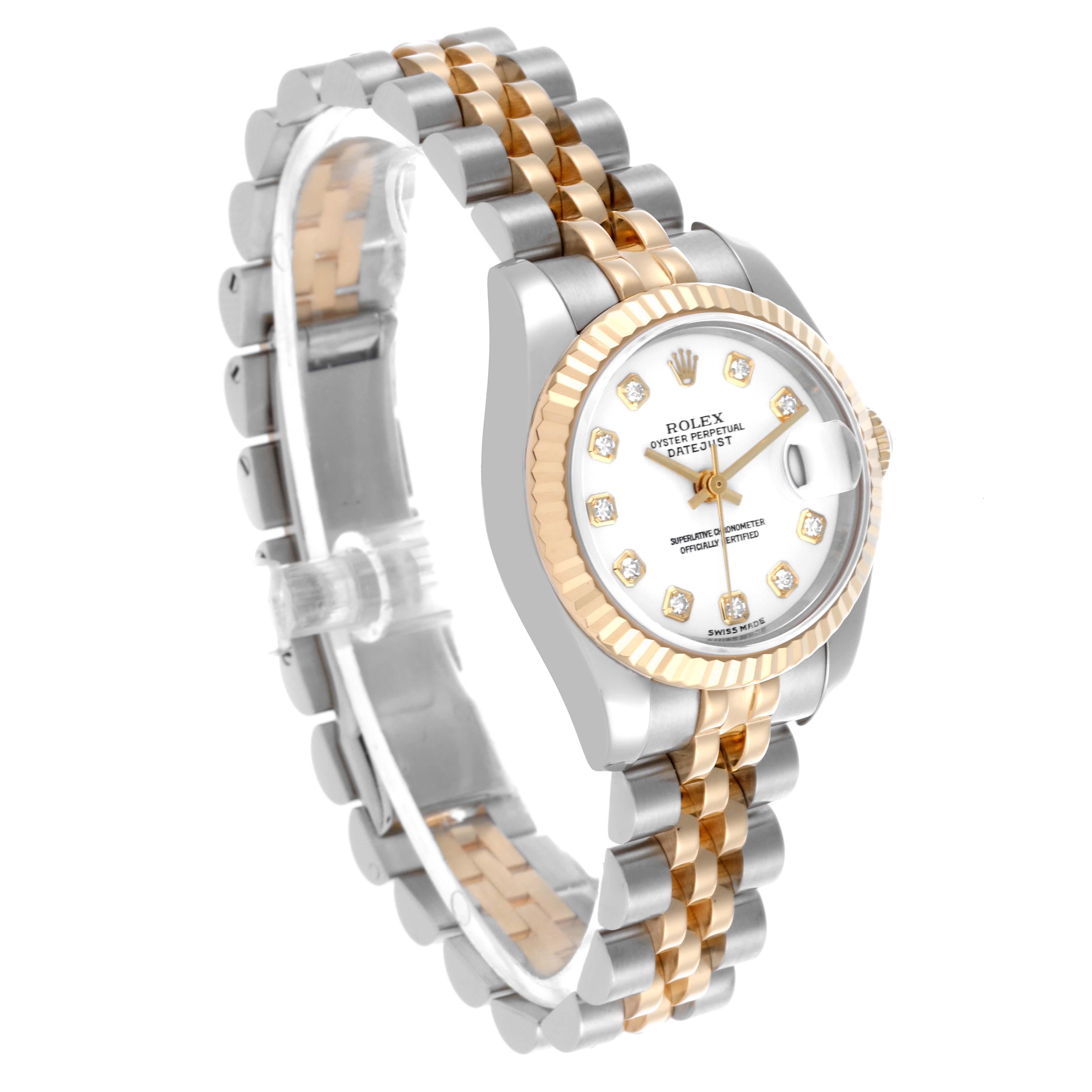 The Rolex Datejust 179173 Women's Steel and Gold (two tone) White Dial 179173 Women's Steel and Gold (two tone) White Dial is shown at an angled view, highlighting the gold and silver bracelet, fluted bezel, and diamond hour markers.