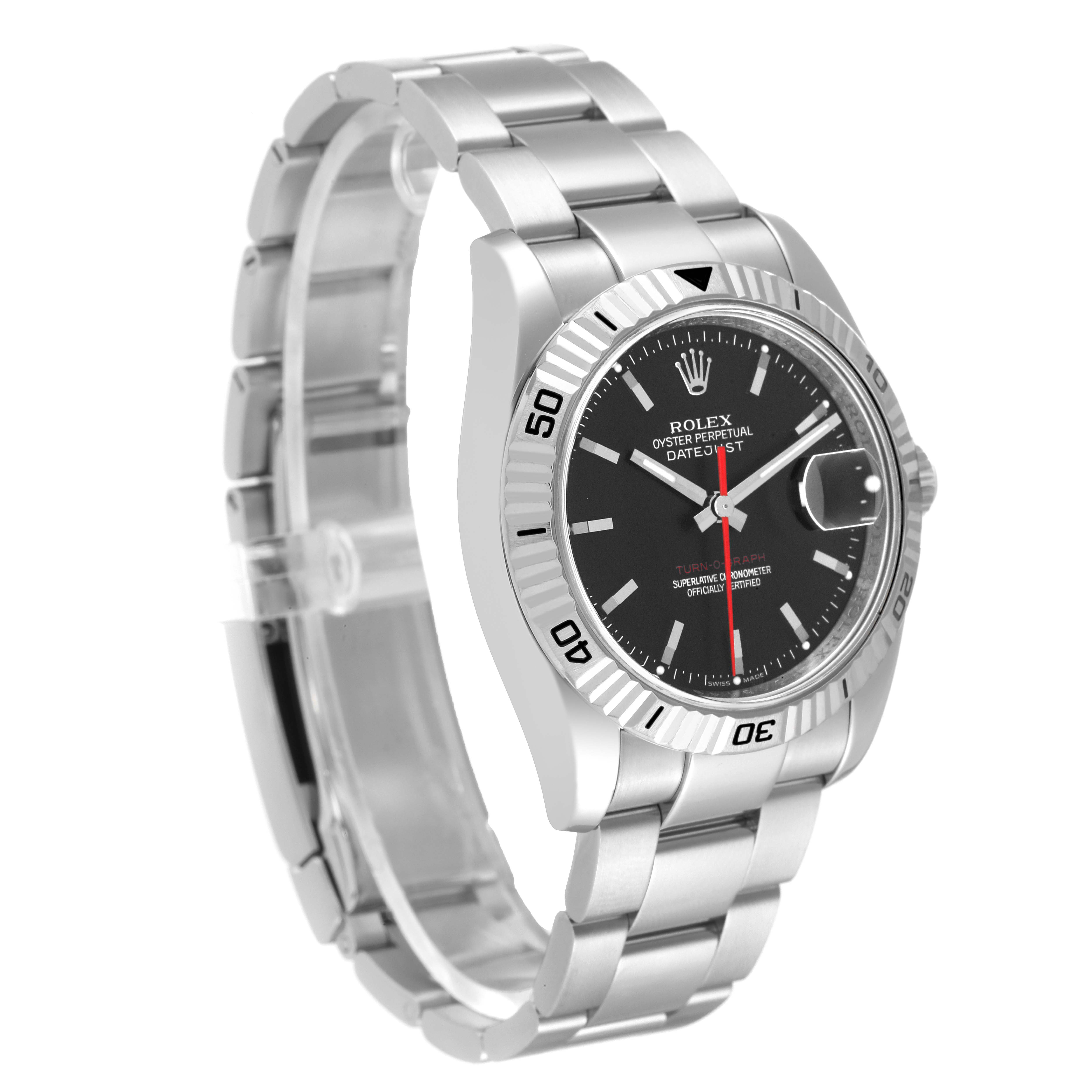 This image shows a side-front angle of a Rolex Turn-o-Graph 116264 Men's Stainless Steel Black Dial 116264 Men's Stainless Steel Black Dial watch, highlighting its bracelet, bezel, and dial.