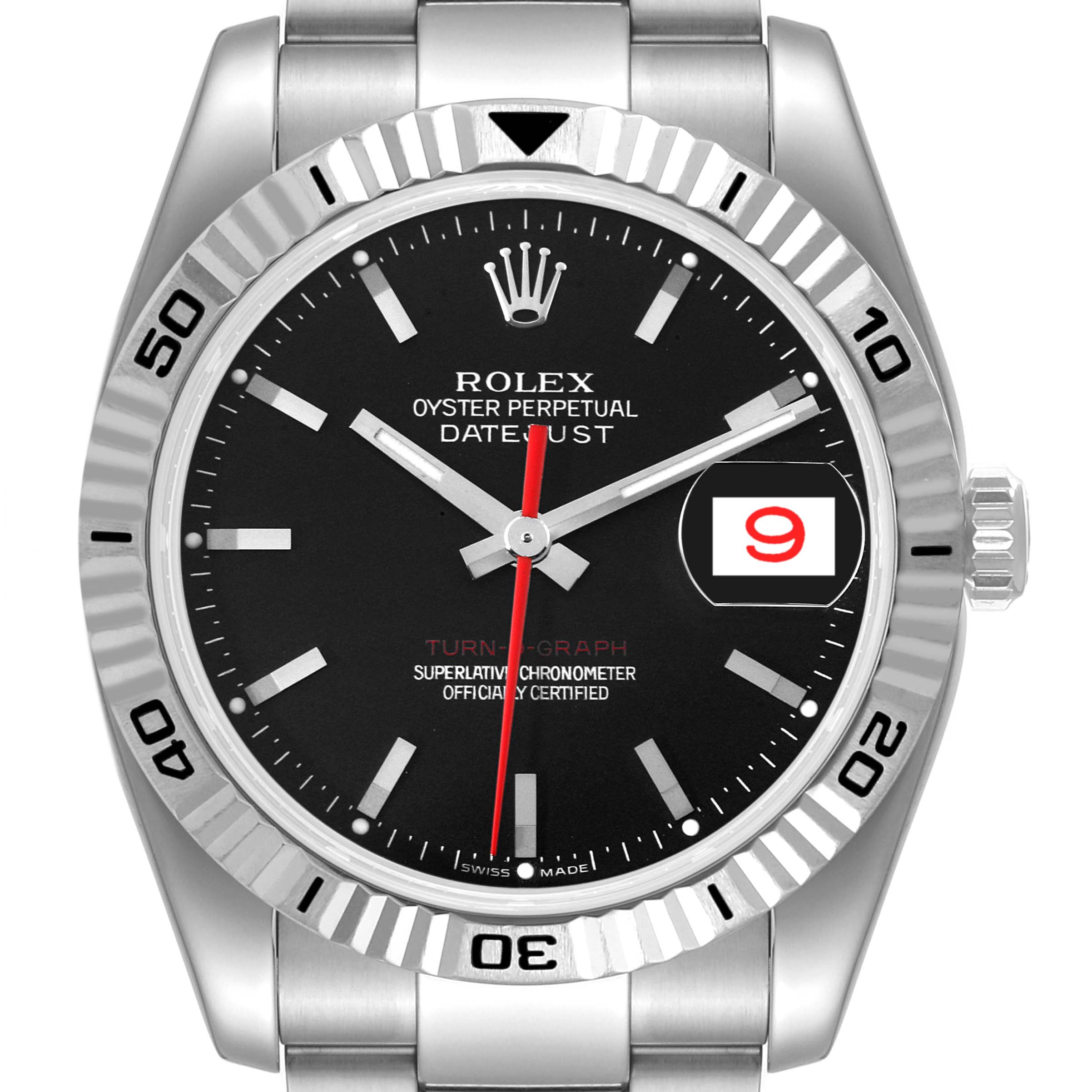 This image shows a front view of the Rolex Turn-o-Graph 116264 Men's Stainless Steel Black Dial 116264 Men's Stainless Steel Black Dial watch, displaying its face, bezel, and part of the bracelet.