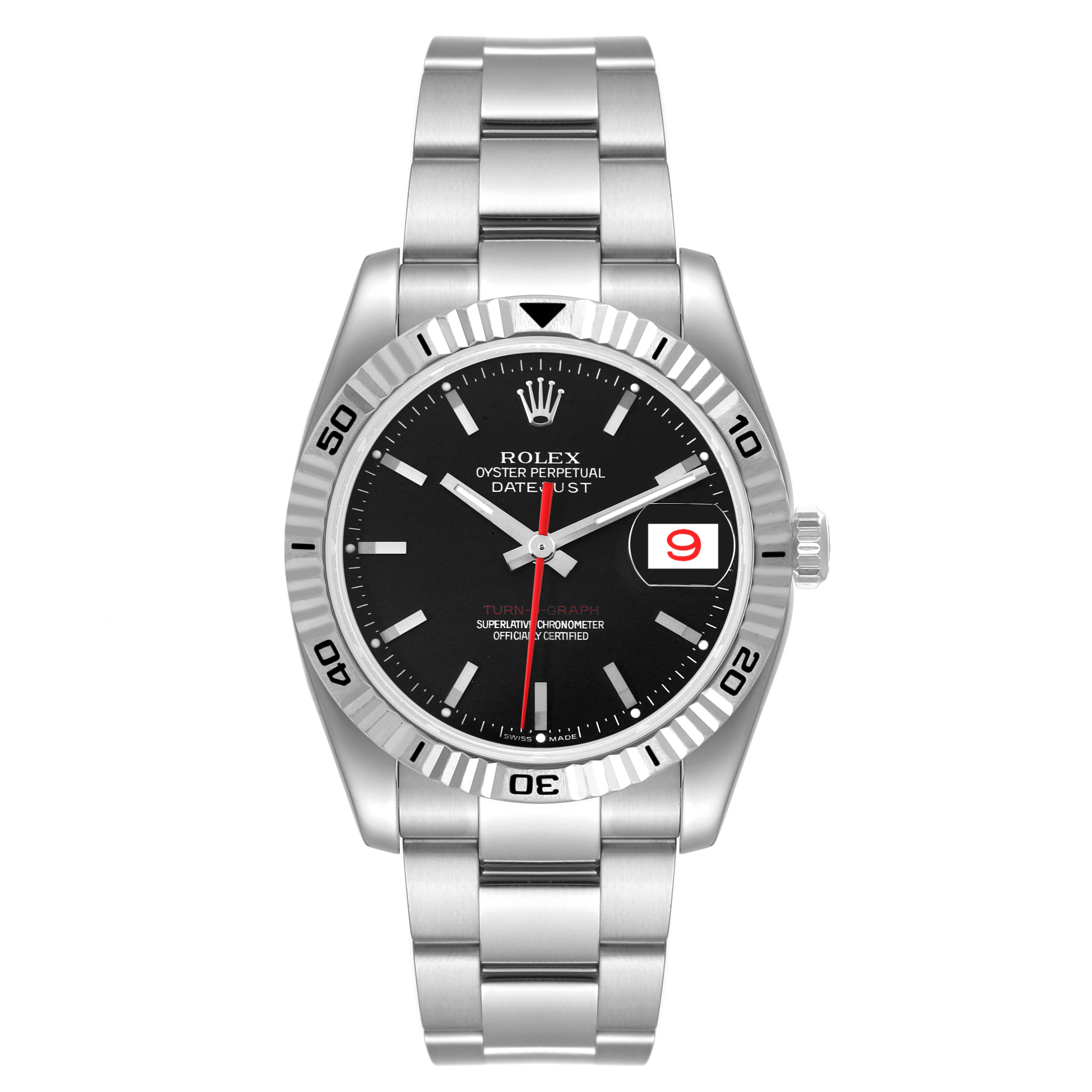 The image shows a front view of the Rolex Turn-o-Graph 116264 Men's Stainless Steel Black Dial 116264 Men's Stainless Steel Black Dial watch, displaying the dial, bezel, and bracelet.