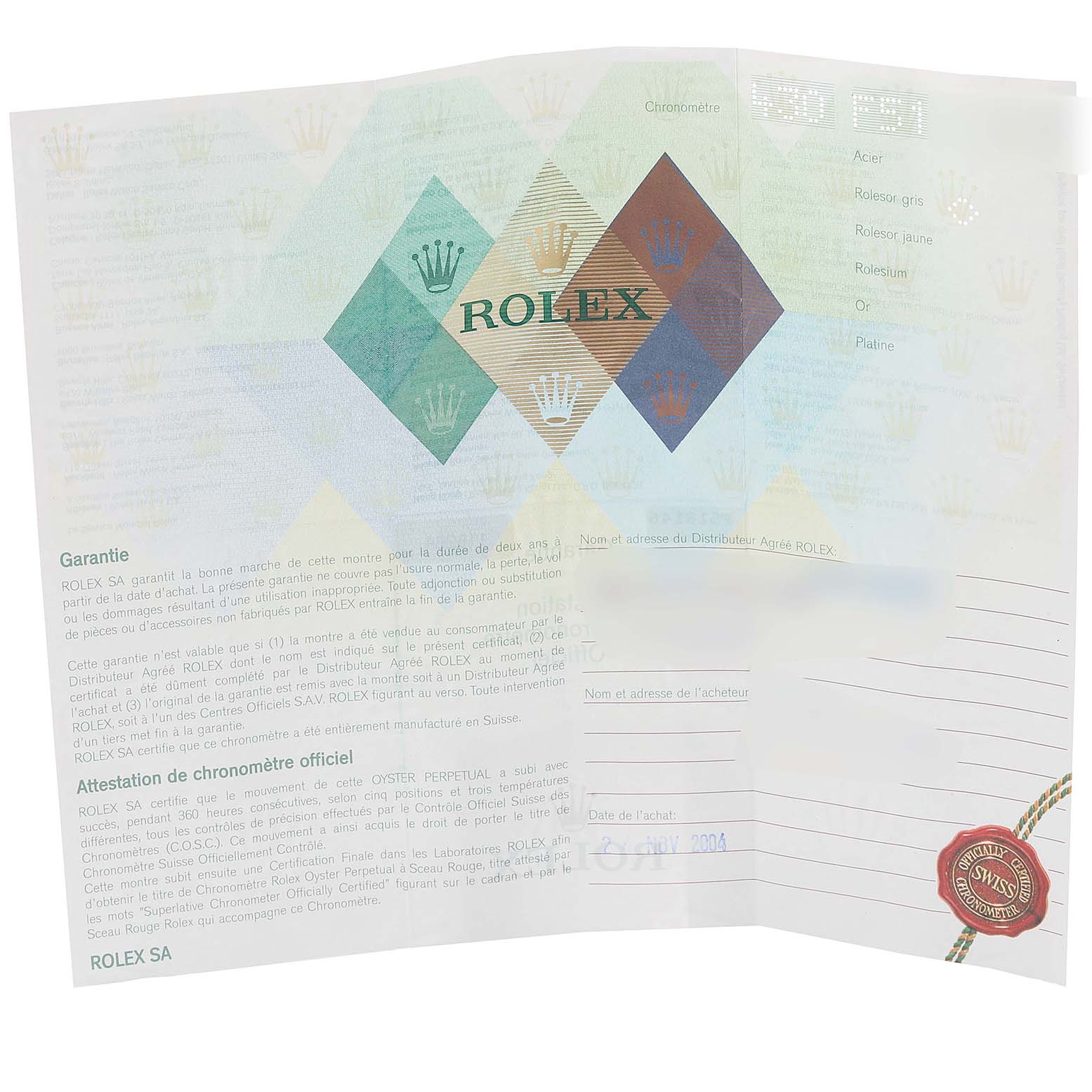 This image shows the guarantee certificate for a Rolex Turn-o-Graph 116264 Men's Stainless Steel Black Dial 116264 Men's Stainless Steel Black Dial model, fully opened.