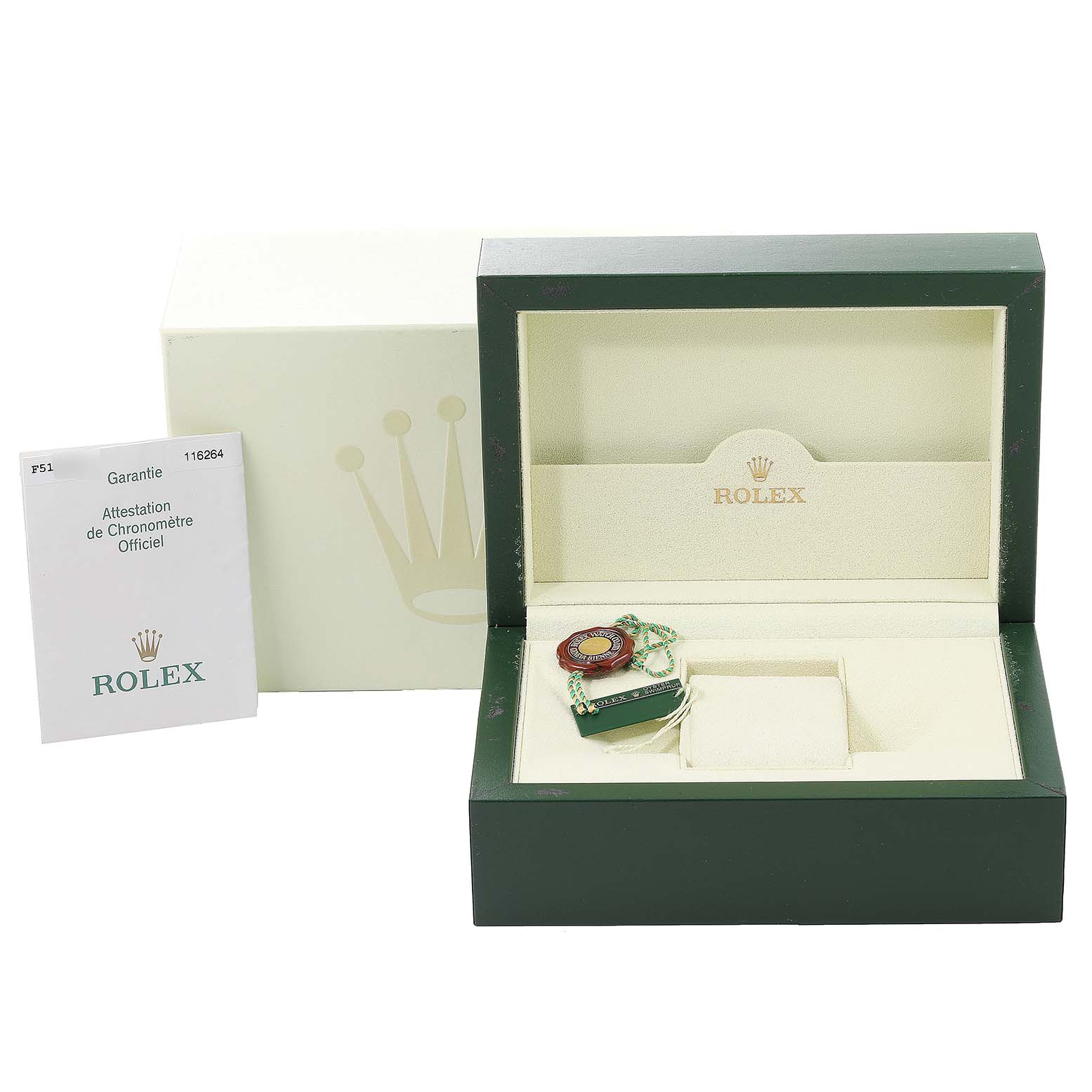 The image shows the packaging, box, warranty, and tags for a Rolex Turn-o-Graph 116264 Men's Stainless Steel Black Dial 116264 Men's Stainless Steel Black Dial watch.