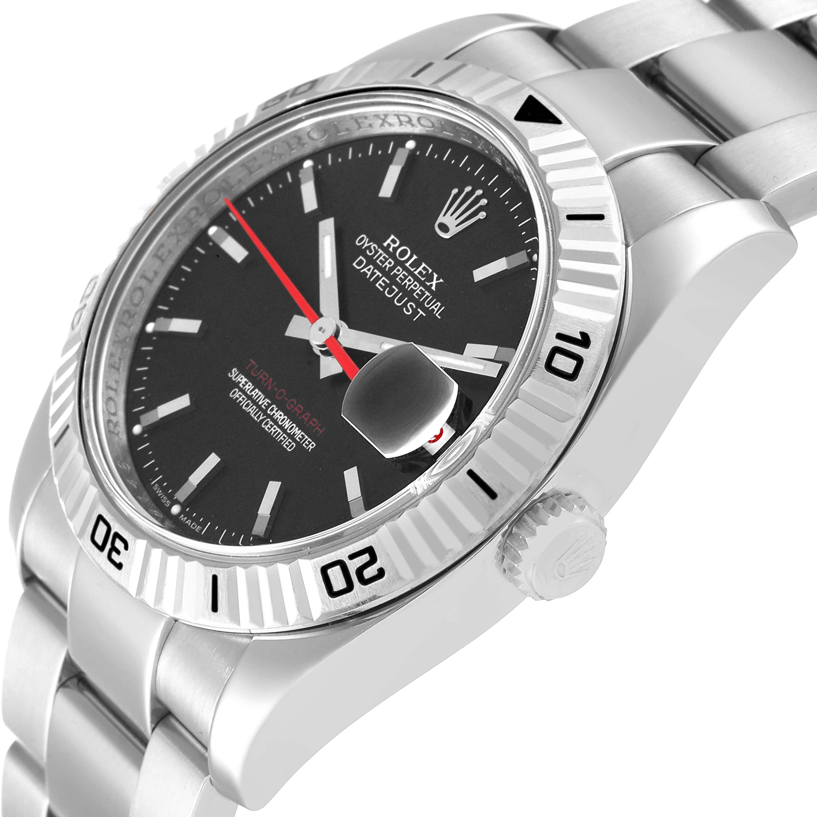 The image shows the Rolex Turn-o-Graph 116264 Men's Stainless Steel Black Dial 116264 Men's Stainless Steel Black Dial watch at an angled view, highlighting its bracelet, bezel, crown, and dial.