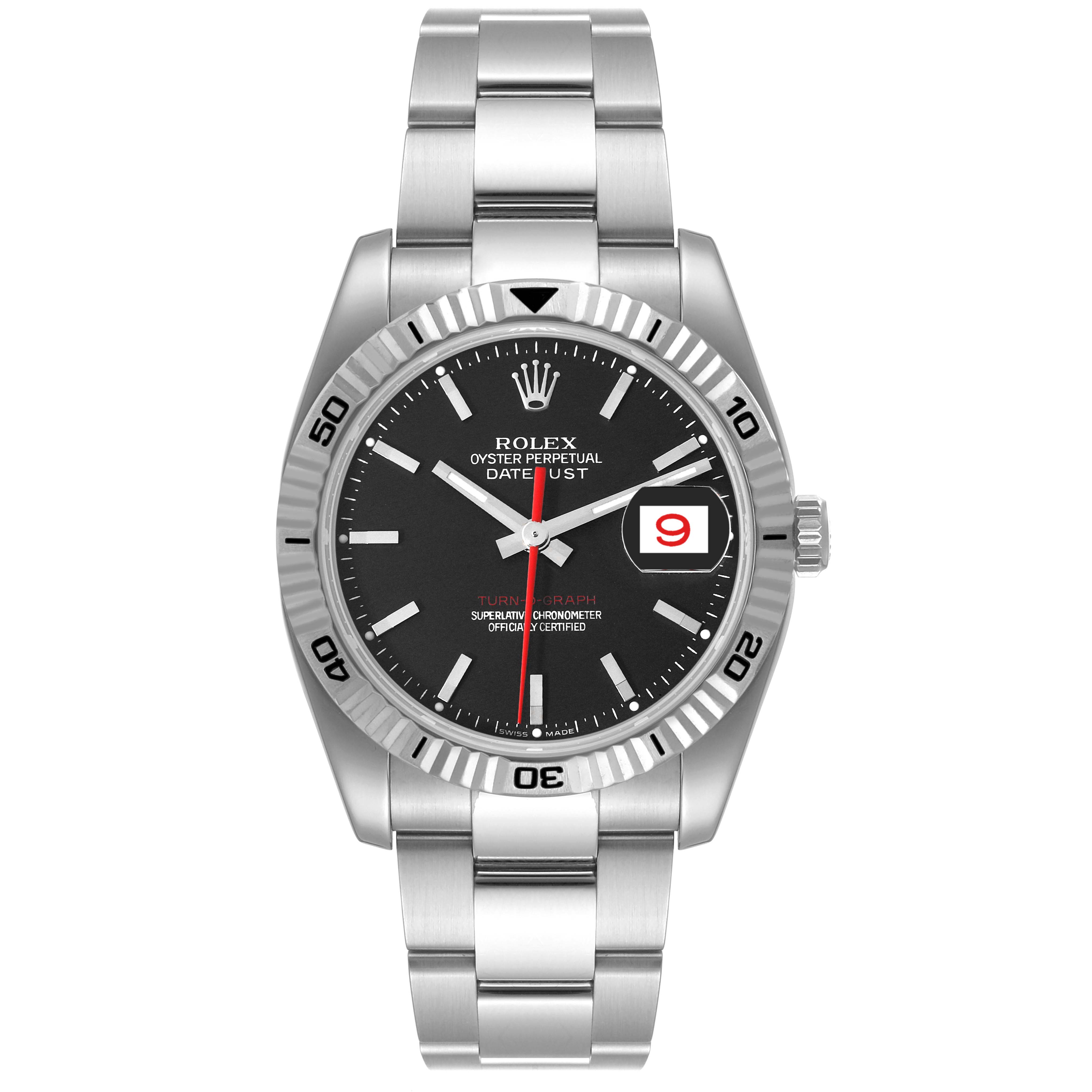 The Rolex Turn-o-Graph 116264 Men's Stainless Steel Black Dial 116264 Men's Stainless Steel Black Dial watch is shown from a front angle, displaying its face, bezel, and bracelet.