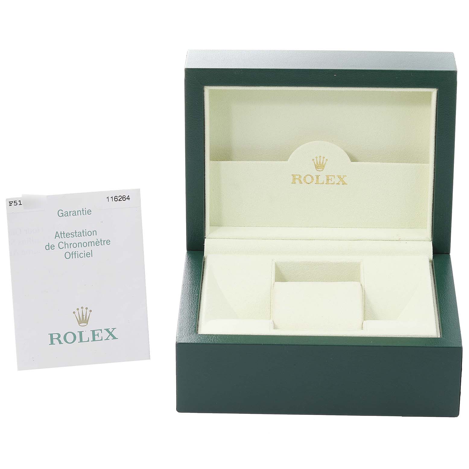 The image shows an open green Rolex box for the Turn-o-Graph model along with a warranty card placed beside it.