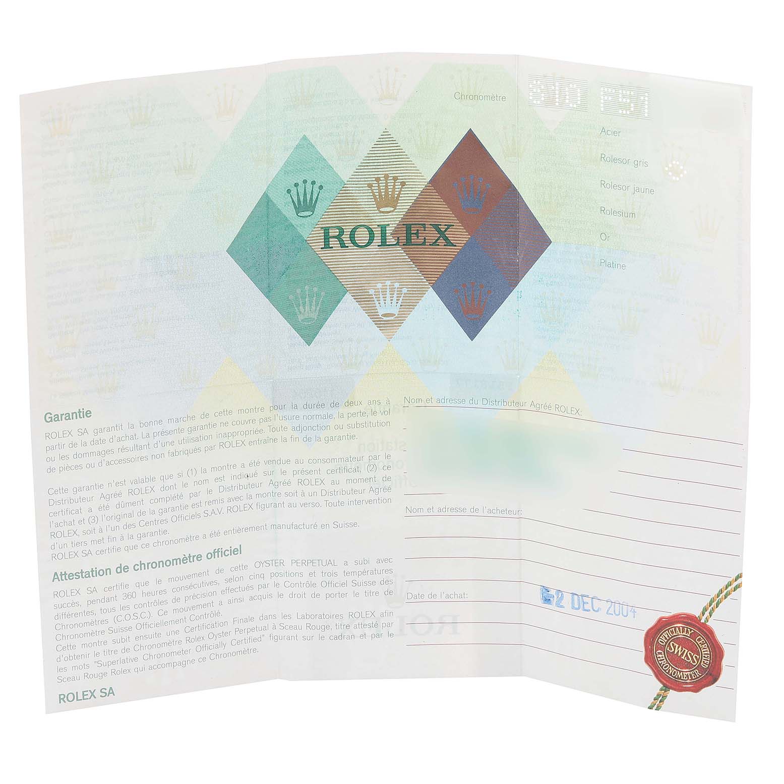 The image shows the warranty certificate for a Rolex Turn-o-Graph 116264 Men's Stainless Steel Black Dial 116264 Men's Stainless Steel Black Dial watch.