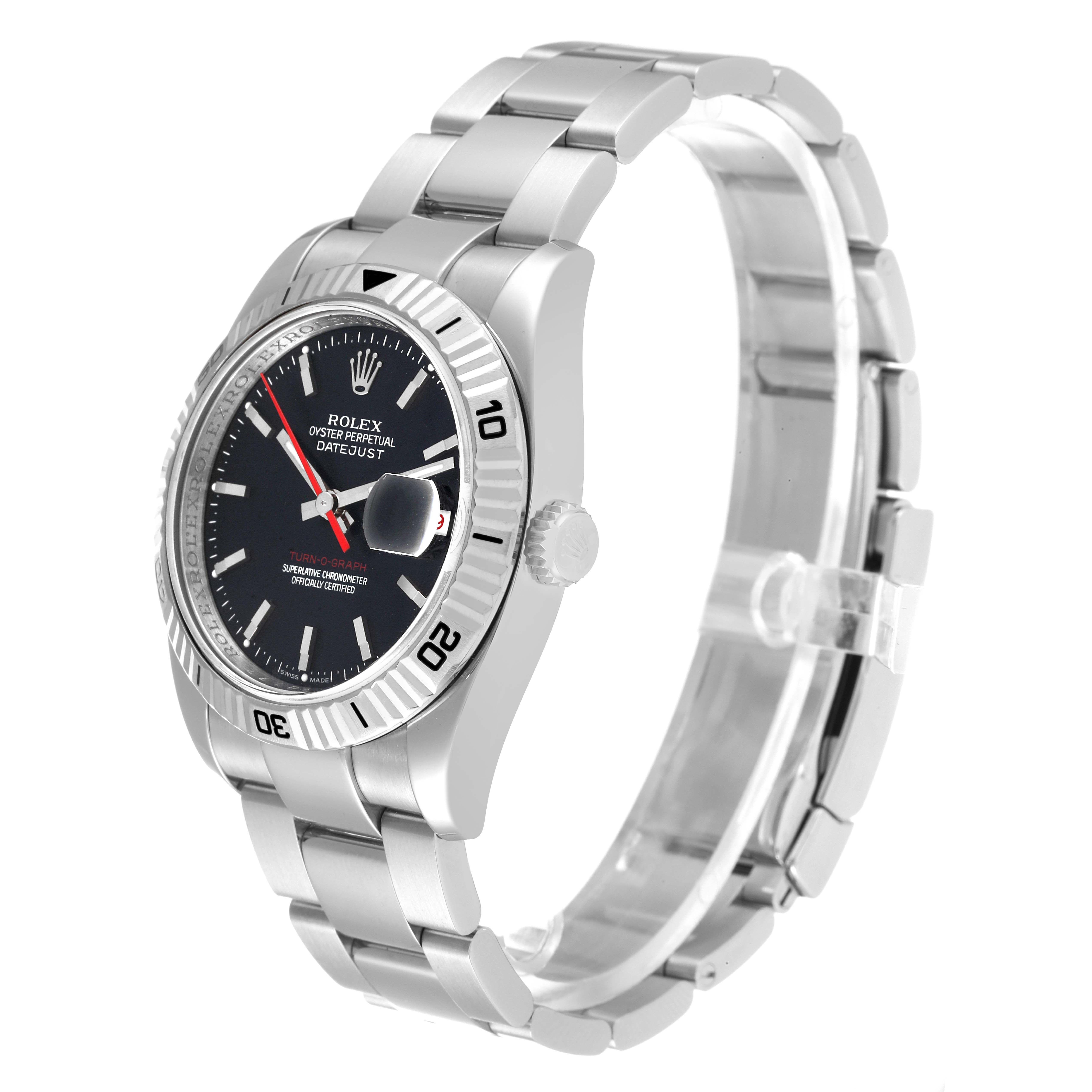 This image shows a side and diagonal view of a Rolex Turn-o-Graph 116264 Men's Stainless Steel Black Dial 116264 Men's Stainless Steel Black Dial watch, displaying the face, bezel, crown, and bracelet.