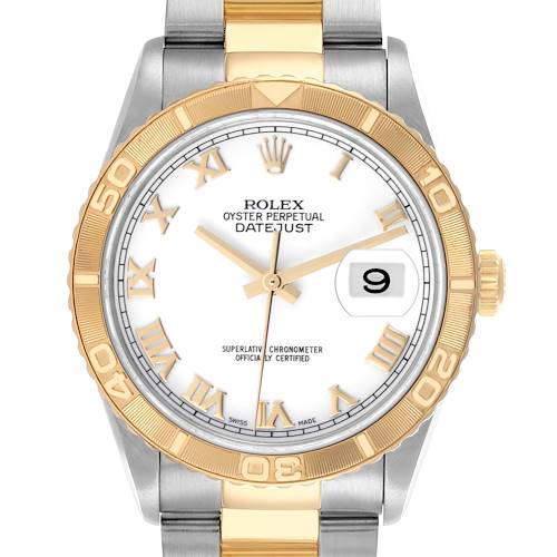 The Rolex Turn-o-Graph watch is shown from a front view, highlighting its face, bezel, and part of the bracelet.