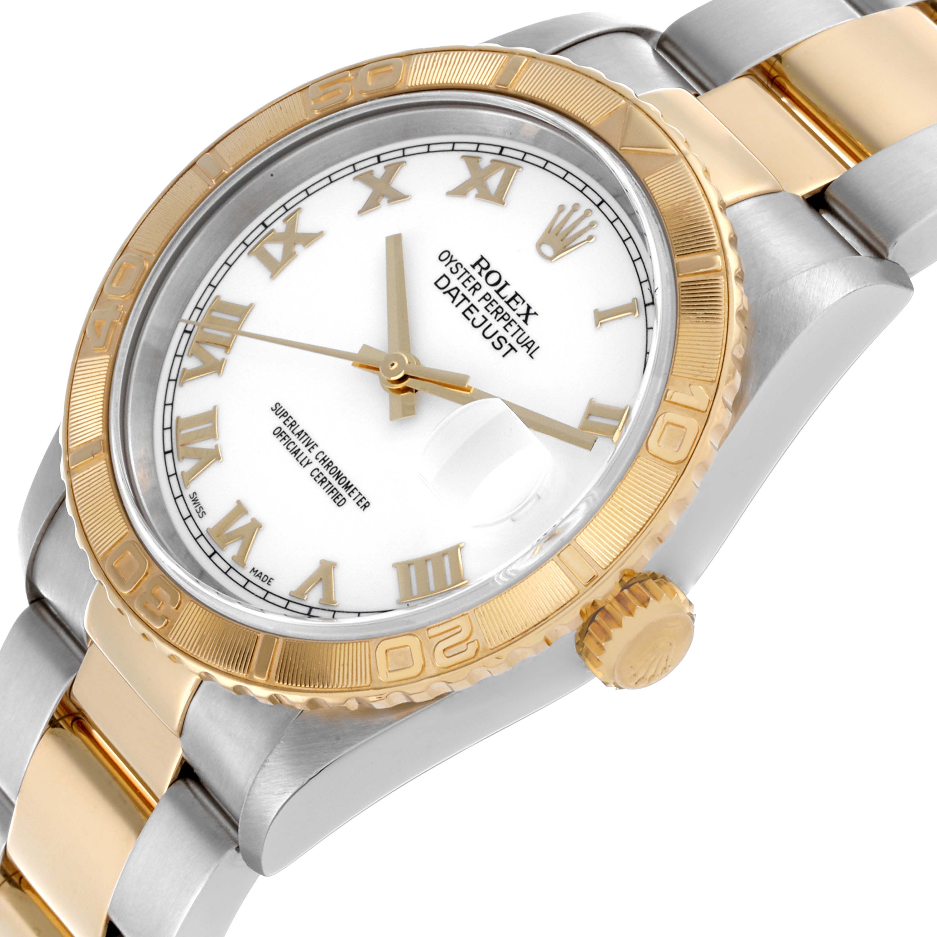 The Rolex Turn-o-Graph 16263 Men's Steel and Gold (two tone) White Dial 16263 Men's Steel and Gold (two tone) White Dial watch is shown at an angle highlighting the face, bezel, and part of the bracelet.