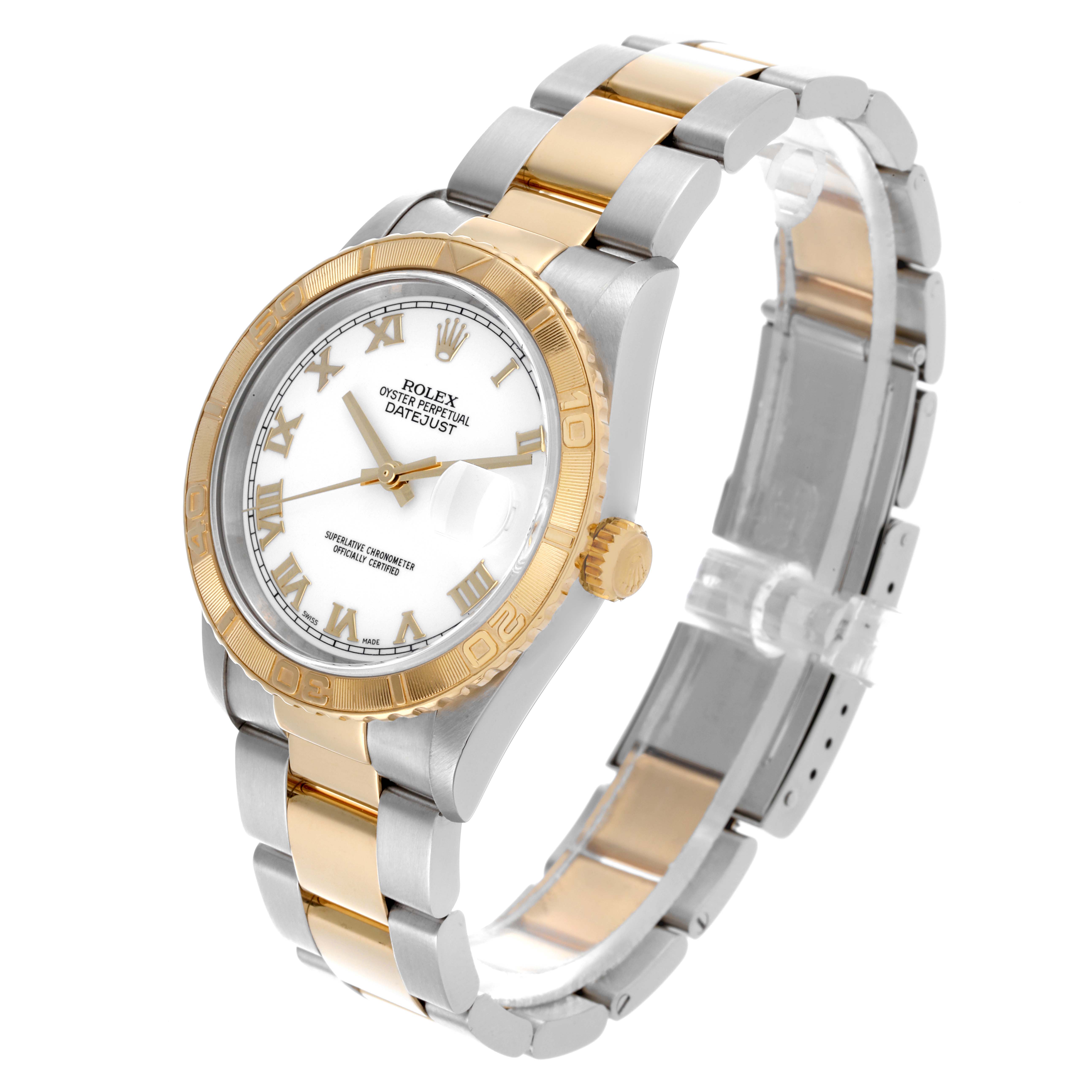 The Rolex Turn-o-Graph 16263 Men's Steel and Gold (two tone) White Dial 16263 Men's Steel and Gold (two tone) White Dial watch is shown at a three-quarter angle, displaying the face, bezel, crown, and part of the bracelet.