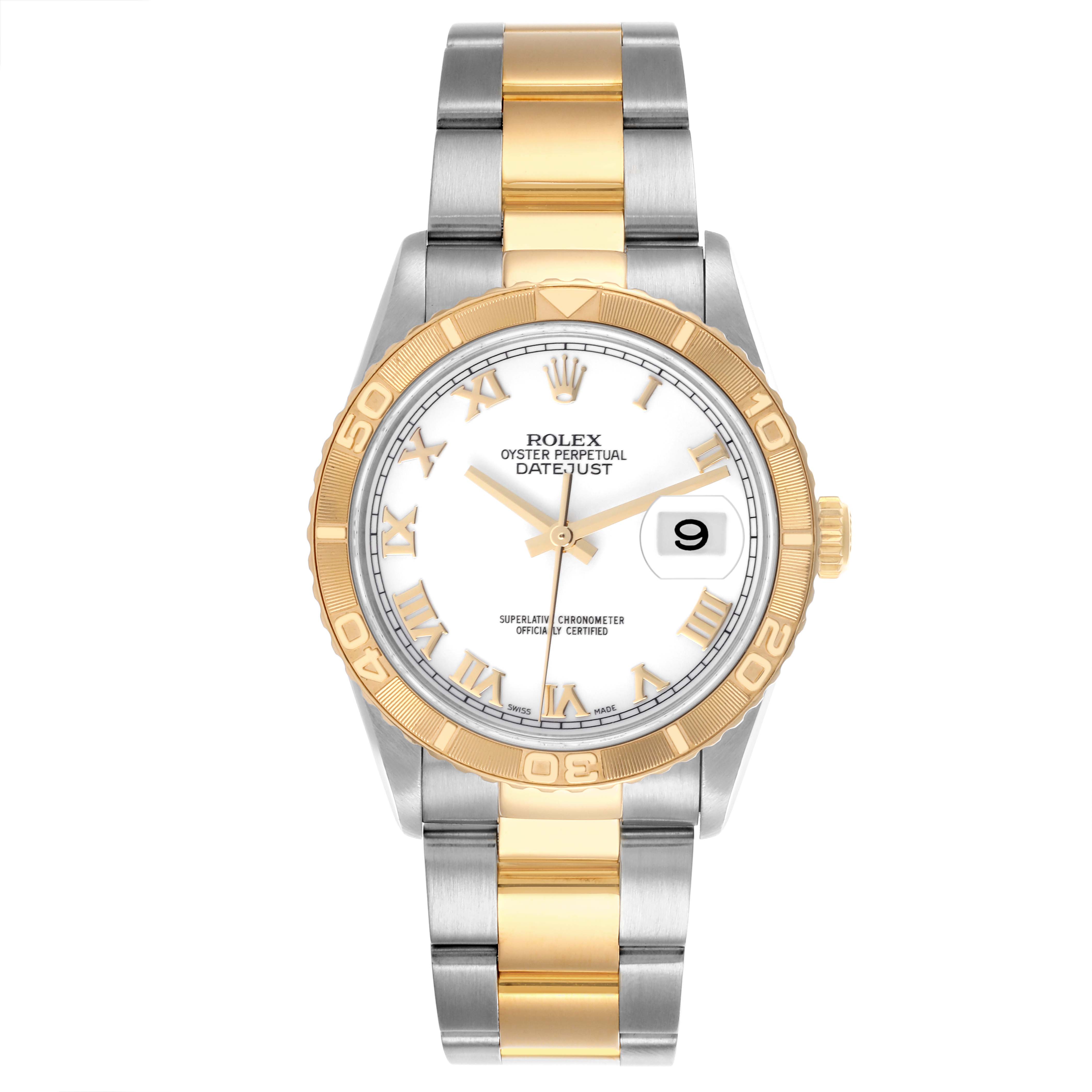 The Rolex Turn-o-Graph 16263 Men's Steel and Gold (two tone) White Dial 16263 Men's Steel and Gold (two tone) White Dial watch is shown from the front, highlighting its gold bezel, white dial, and two-tone bracelet.