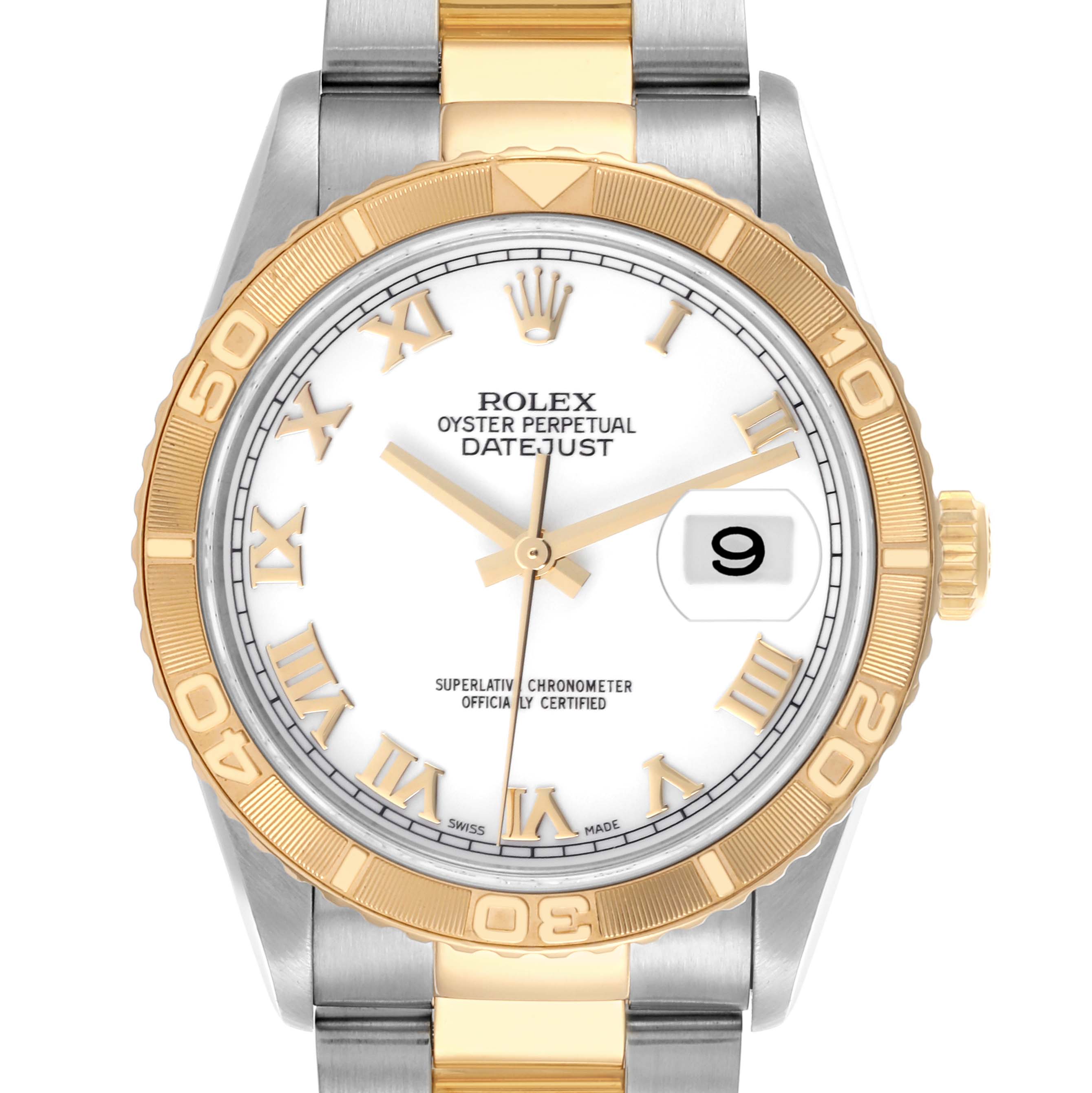 The Rolex Turn-o-Graph 16263 Men's Steel and Gold (two tone) White Dial 16263 Men's Steel and Gold (two tone) White Dial watch is shown from the front, highlighting the bezel, dial, and part of the bracelet.