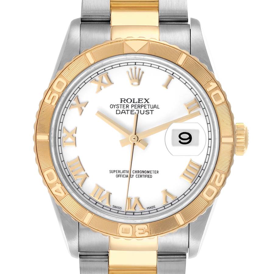 The Rolex Turn-o-Graph watch is shown from the front, highlighting the bezel, dial, and part of the bracelet.