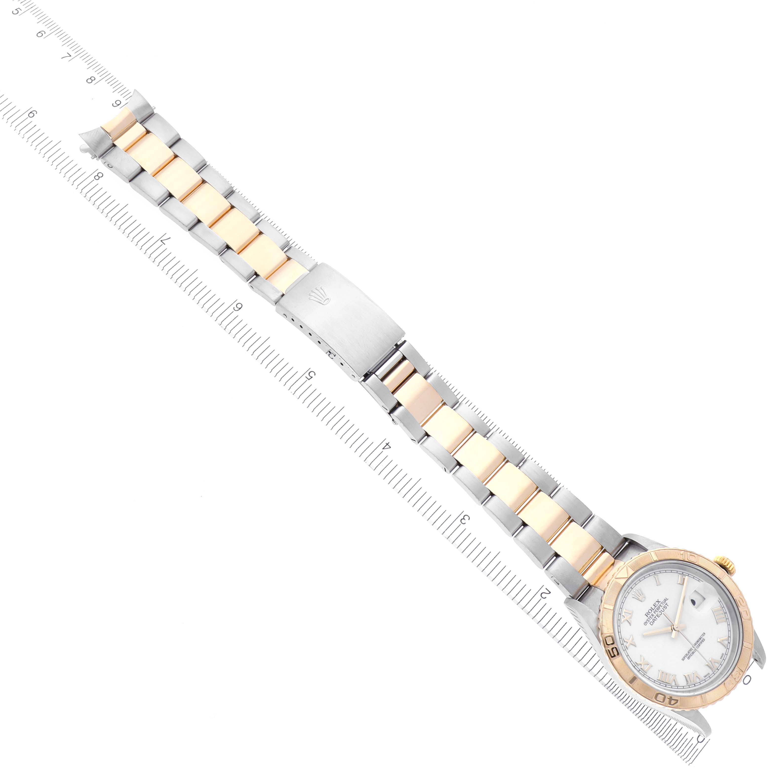 The Rolex Turn-o-Graph 16263 Men's Steel and Gold (two tone) White Dial 16263 Men's Steel and Gold (two tone) White Dial watch is shown from a top-down angle, displaying the face, bezel, and full bracelet.