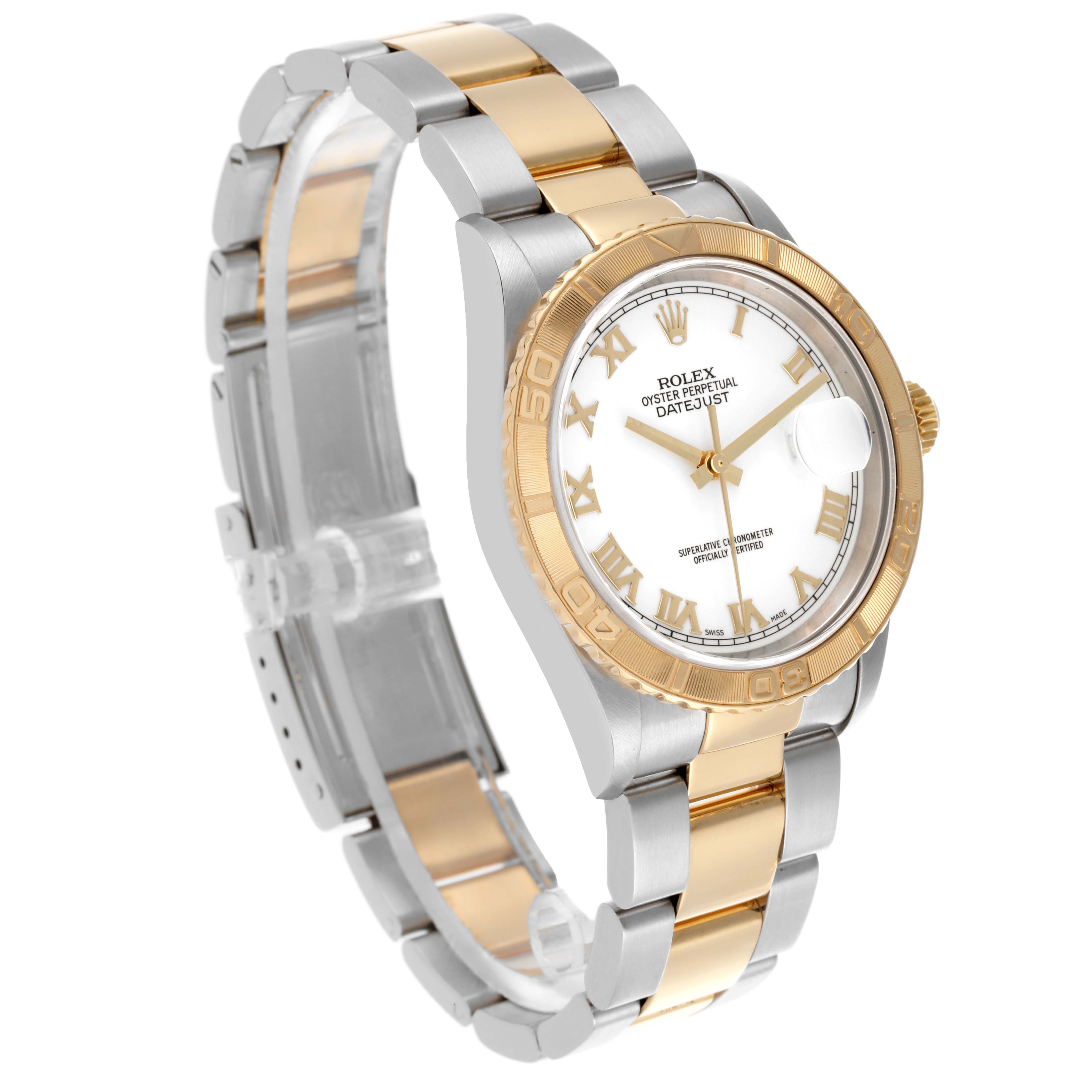 The Rolex Turn-o-Graph 16263 Men's Steel and Gold (two tone) White Dial 16263 Men's Steel and Gold (two tone) White Dial watch is shown from an angled side view, highlighting its dual-tone design and bezel.