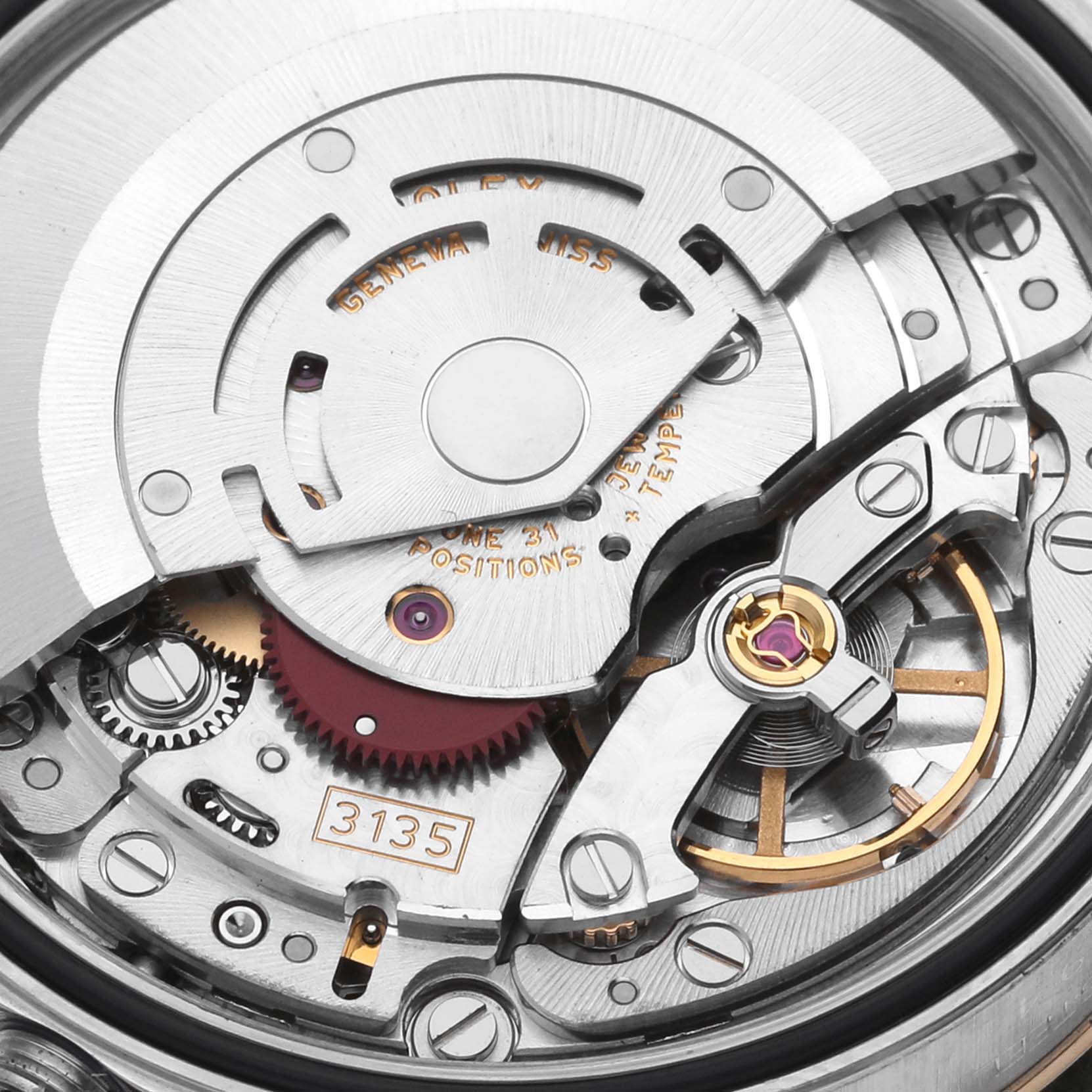 The image shows the intricate internal movement components of a Rolex Turn-o-Graph 16263 Men's Steel and Gold (two tone) White Dial 16263 Men's Steel and Gold (two tone) White Dial watch from a close-up angle.