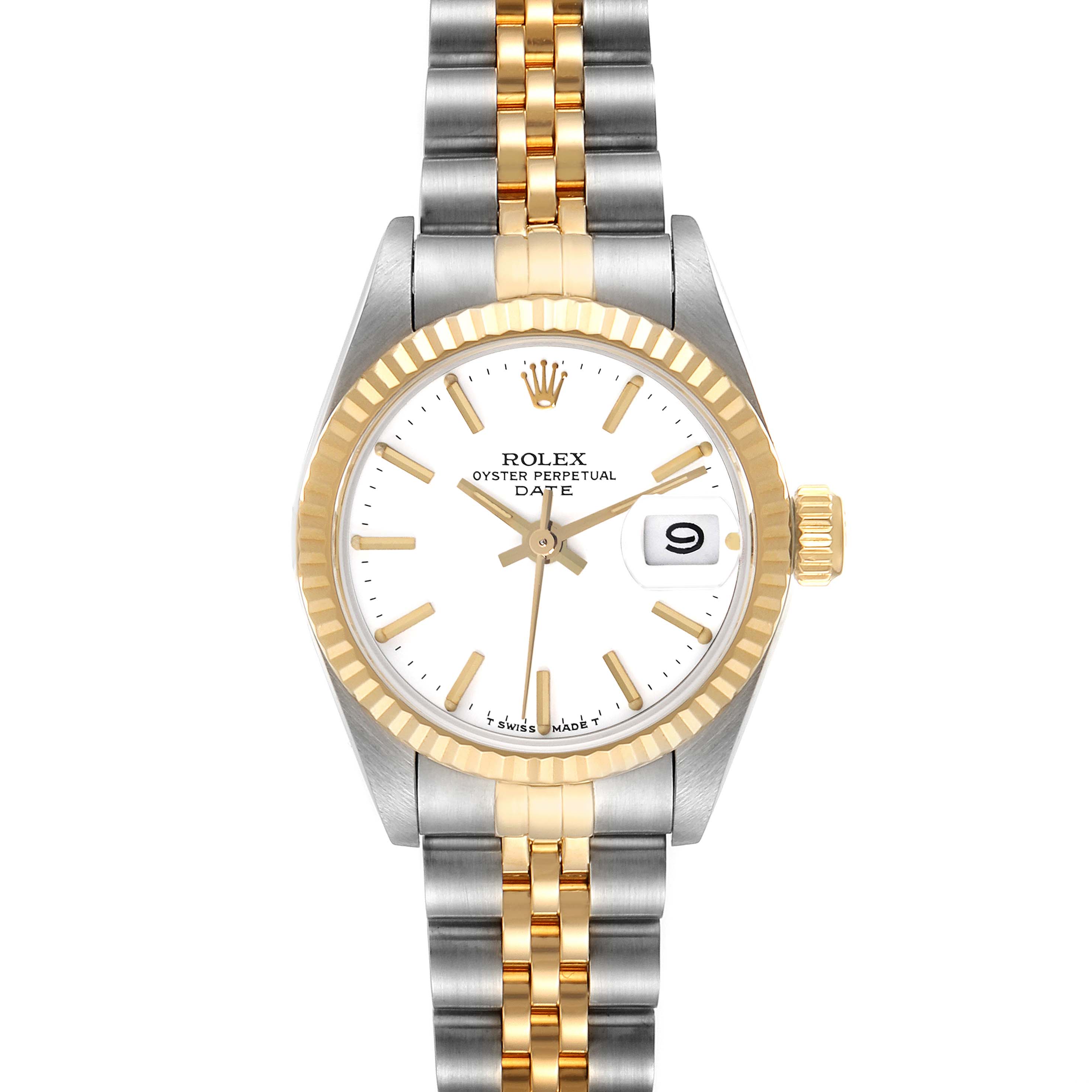 The Rolex Date 69173 Women
s Steel and Gold (two tone) White Dial 69173 Women
s Steel and Gold (two tone) White Dial watch is shown in a straight-on view, highlighting the dial, fluted bezel, and two-tone Jubilee bracelet.