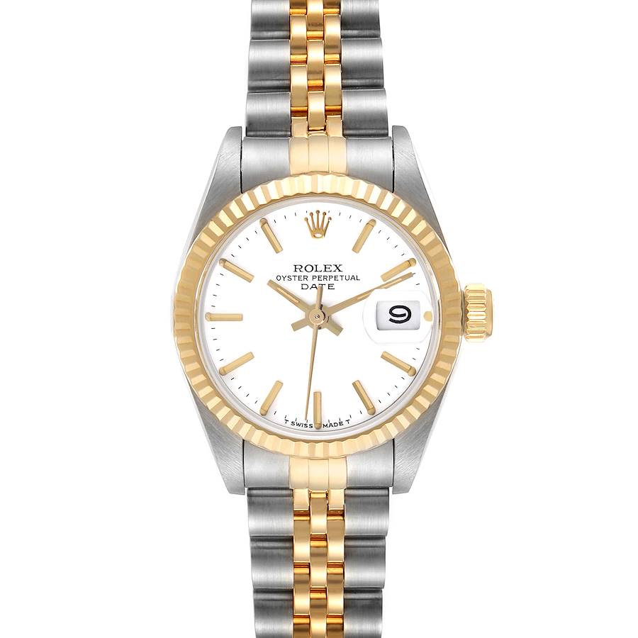 The Rolex Date watch is shown in a straight-on view, highlighting the dial, fluted bezel, and two-tone Jubilee bracelet.