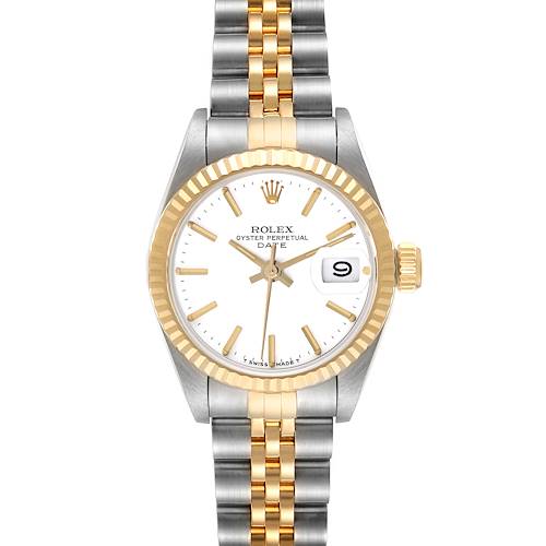 The Rolex Date model is shown from the front, displaying the dial, bezel, and two-tone bracelet.