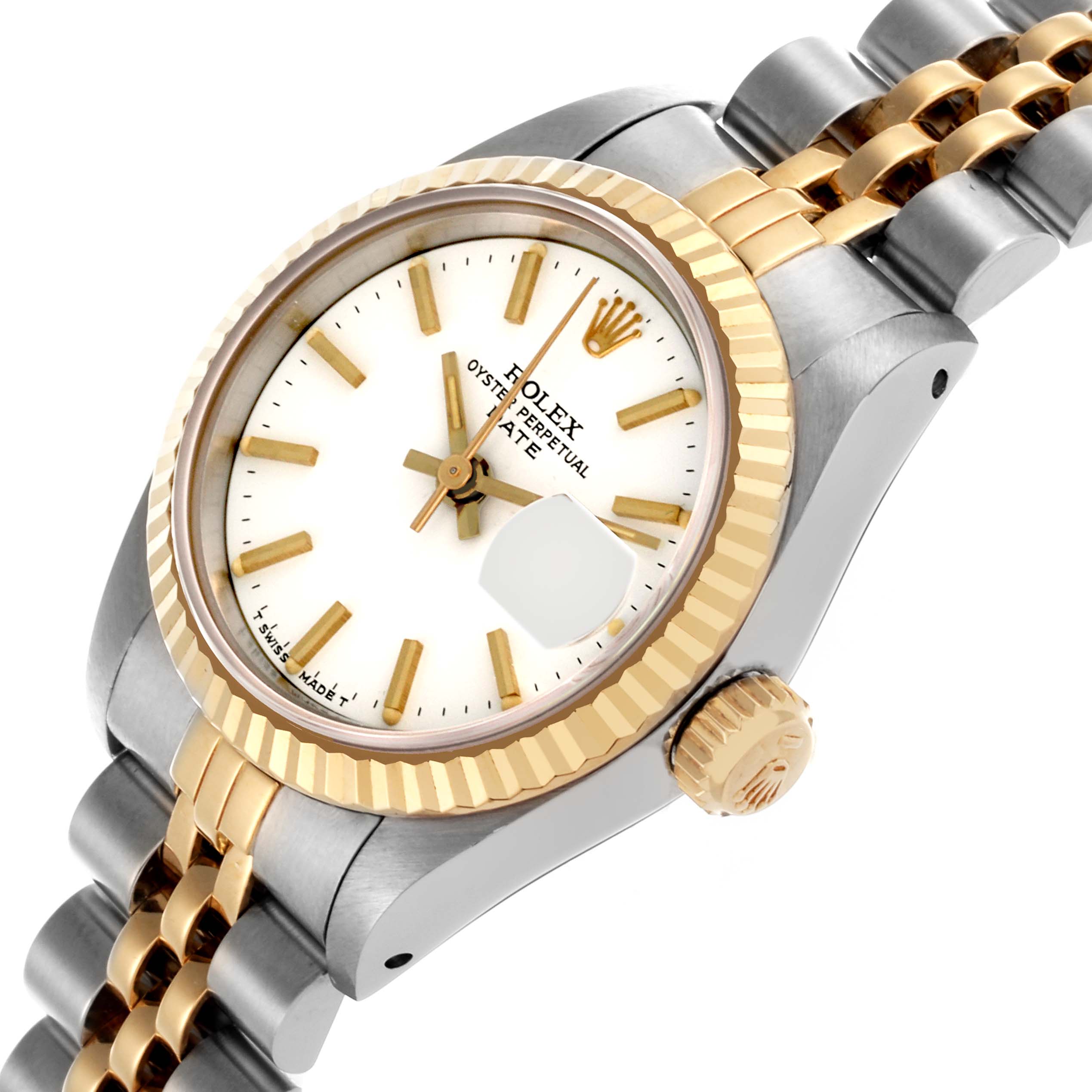 This Rolex Date 69173 Women
s Steel and Gold (two tone) White Dial 69173 Women
s Steel and Gold (two tone) White Dial model is shown at a slight angle, highlighting the dial, bezel, crown, and part of the bracelet.
