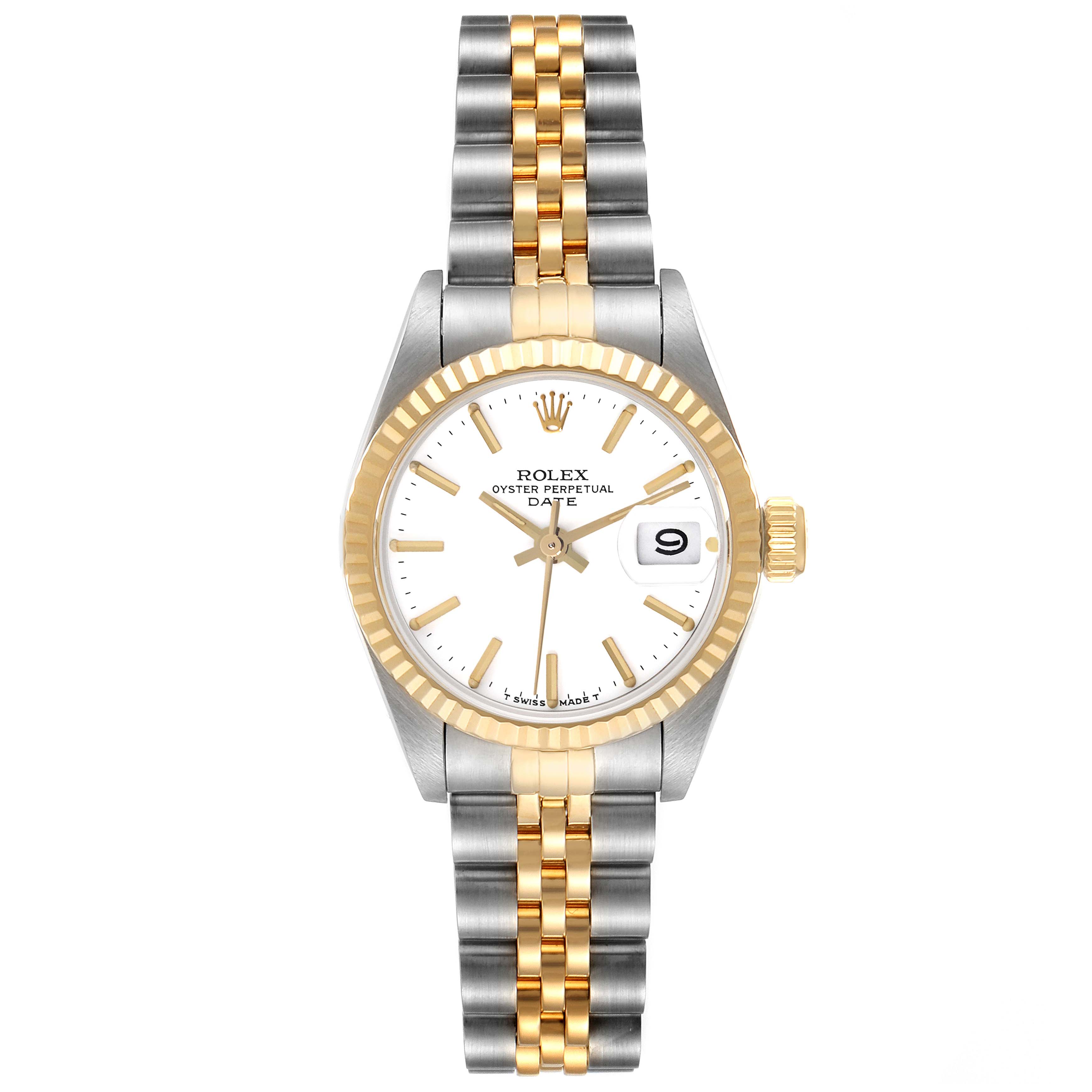 Front view of a Rolex Date 69173 Women
s Steel and Gold (two tone) White Dial 69173 Women
s Steel and Gold (two tone) White Dial model watch displaying the dial, bezel, and bracelet.