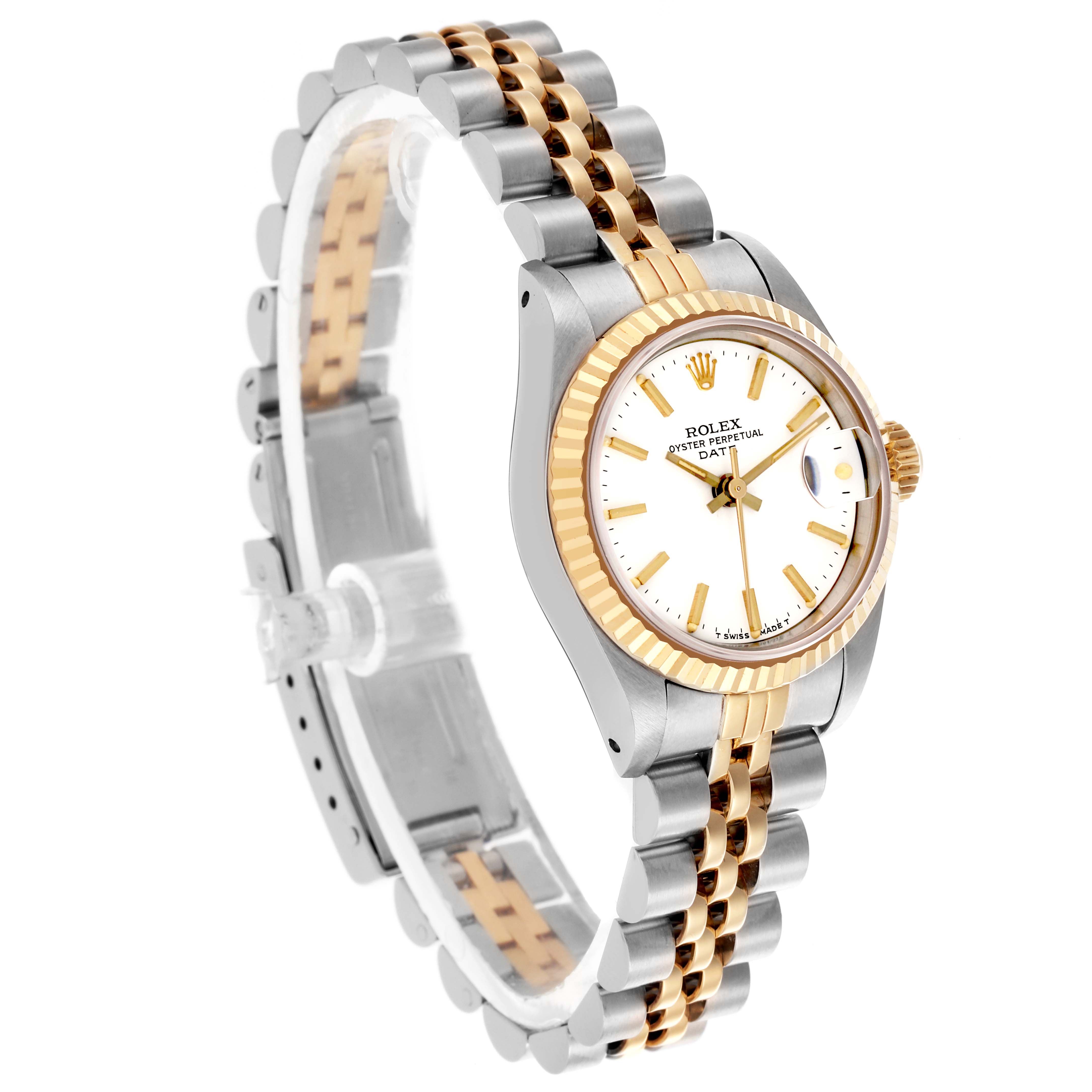 The Rolex Date 69173 Women
s Steel and Gold (two tone) White Dial 69173 Women
s Steel and Gold (two tone) White Dial watch is shown at a three-quarter angle, highlighting its face, bezel, and jubilee bracelet.