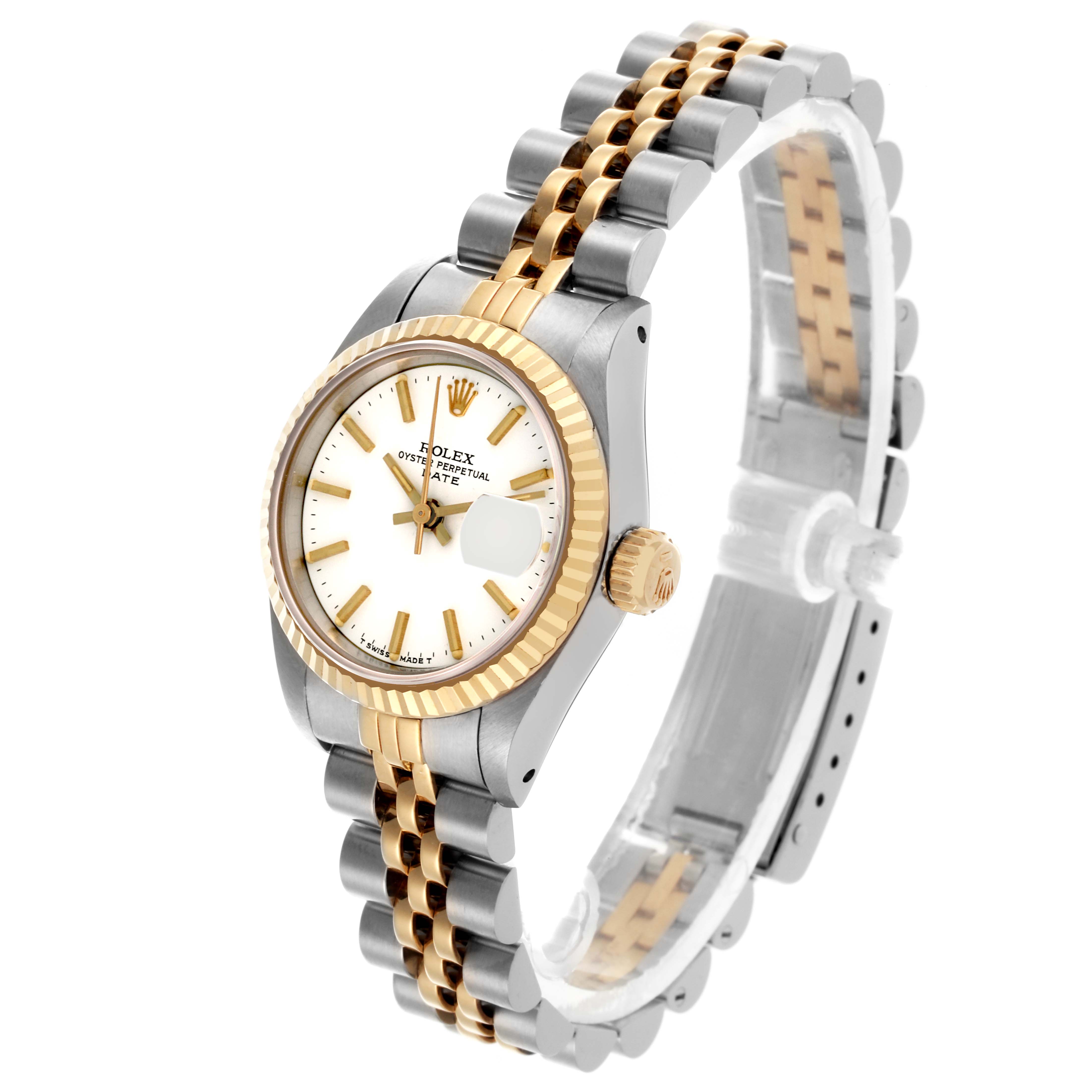 The Rolex Date 69173 Women
s Steel and Gold (two tone) White Dial 69173 Women
s Steel and Gold (two tone) White Dial watch is shown at a three-quarter angle, highlighting the face, fluted bezel, crown, and two-tone bracelet.