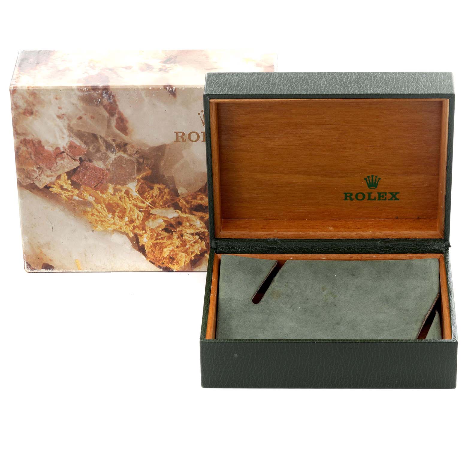 The image shows a Rolex Date 69173 Women
s Steel and Gold (two tone) White Dial 69173 Women
s Steel and Gold (two tone) White Dial watch box and packaging, with the open box revealing its interior design.