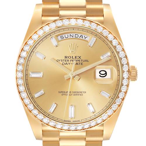 The Rolex President watch is shown from the front, highlighting its gold face, diamond bezel, and day-date display.