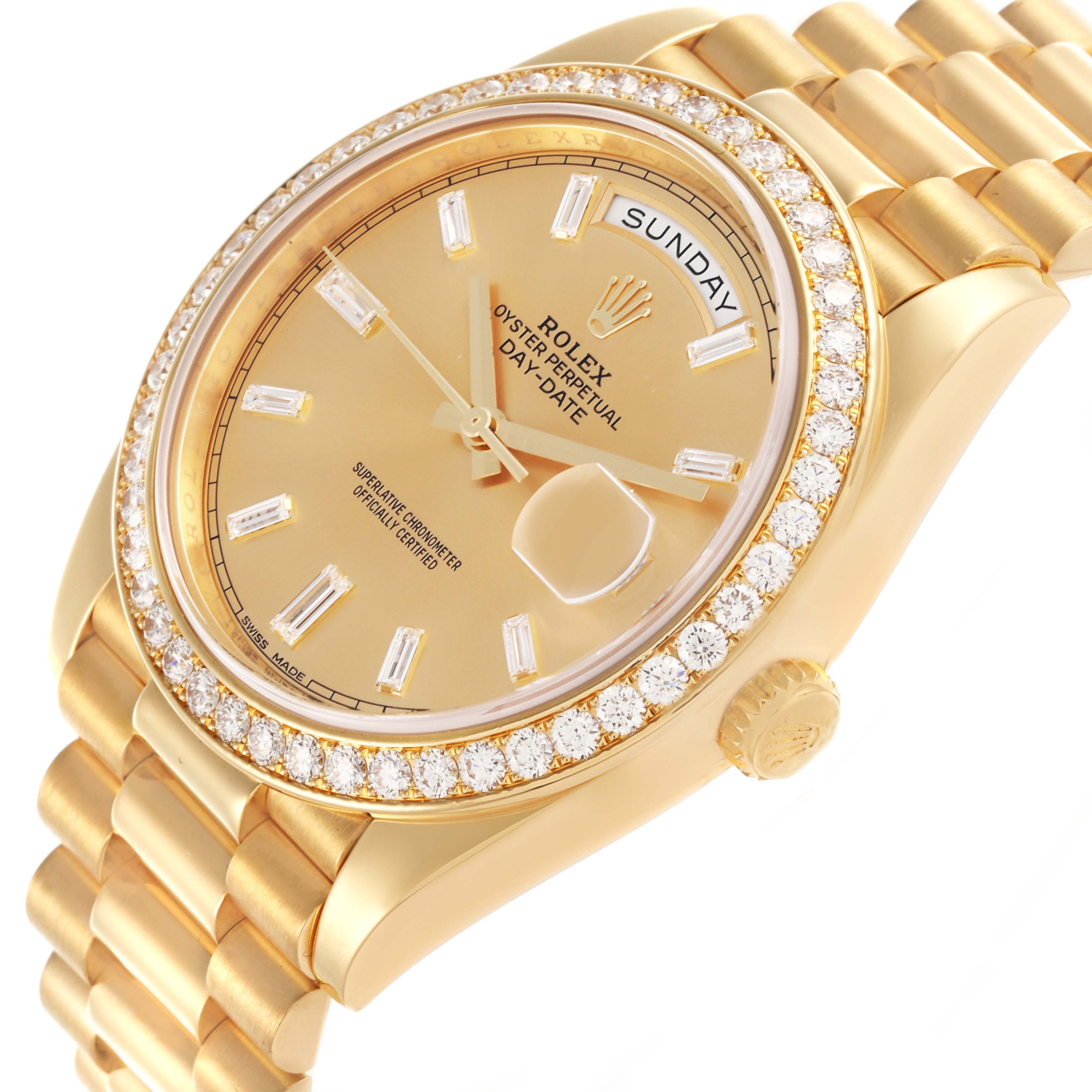 The Rolex President 228348 Men's Yellow Gold Champagne Dial 228348 Men's Yellow Gold Champagne Dial model is shown at an angle displaying the face, bezel, crown, and bracelet.