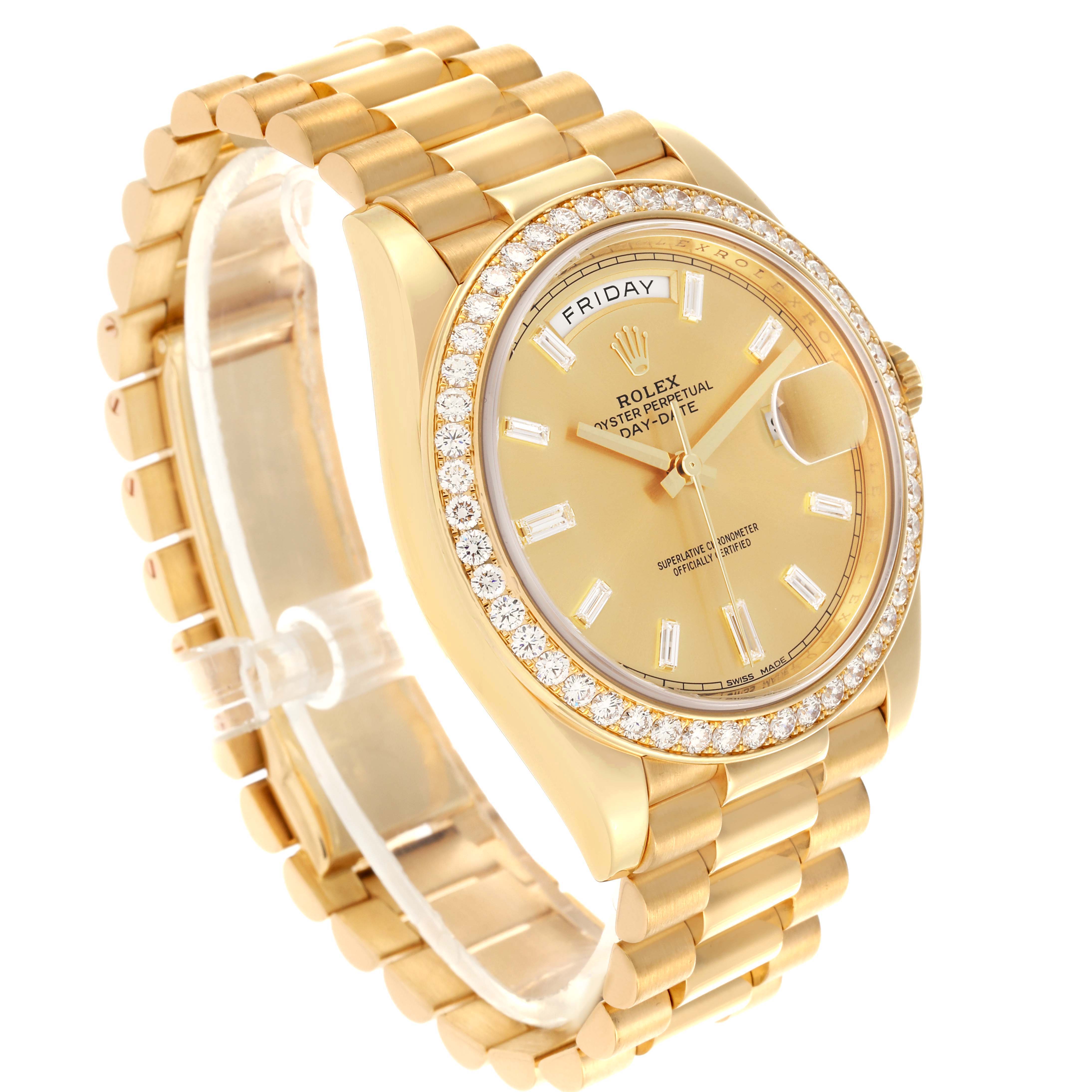 The Rolex President 228348 Men's Yellow Gold Champagne Dial 228348 Men's Yellow Gold Champagne Dial watch is shown at an angled side view, featuring the dial, bracelet, and diamond bezel.