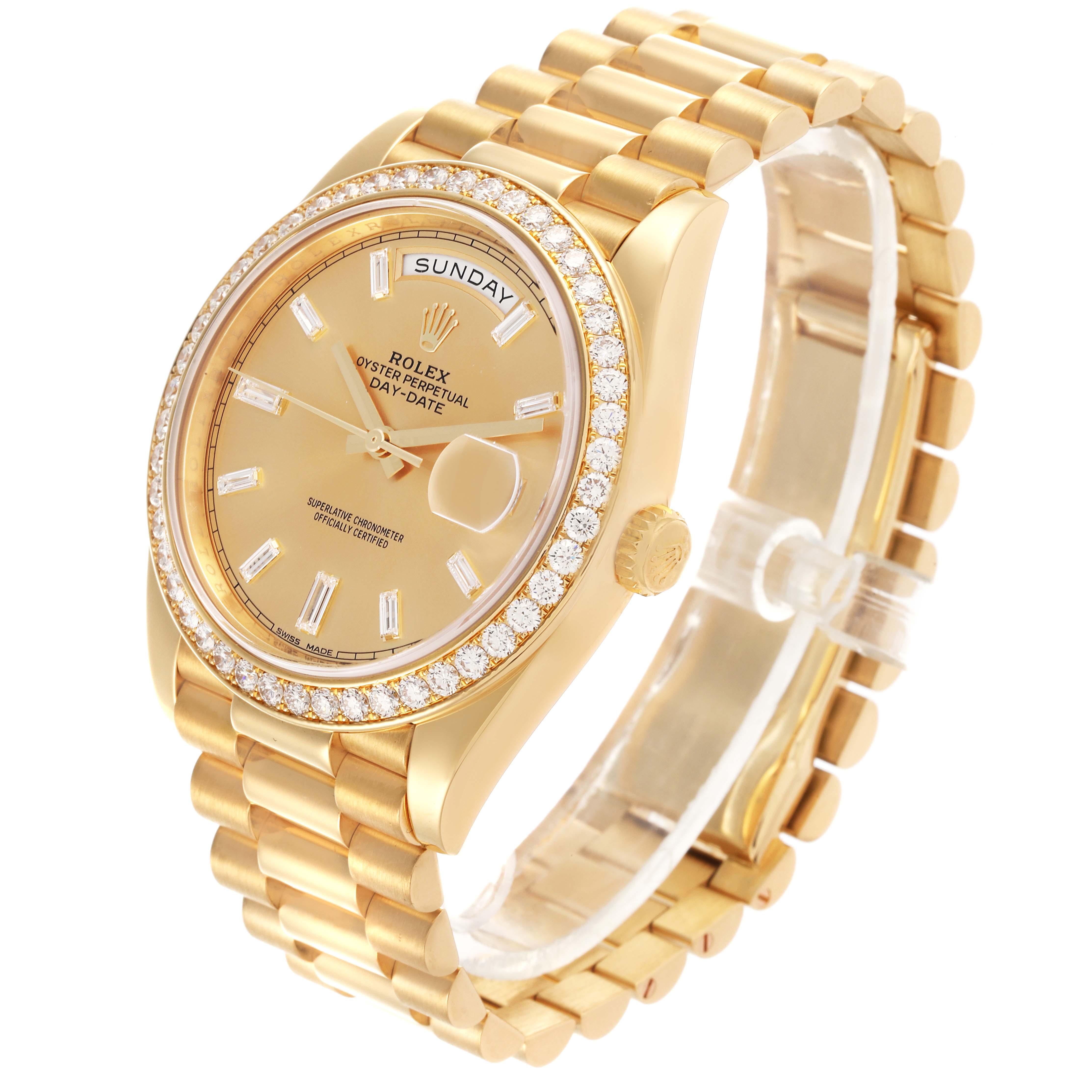 The Rolex President 228348 Men's Yellow Gold Champagne Dial 228348 Men's Yellow Gold Champagne Dial model is shown from a three-quarter angle, displaying the bezel, dial, bracelet, and crown.