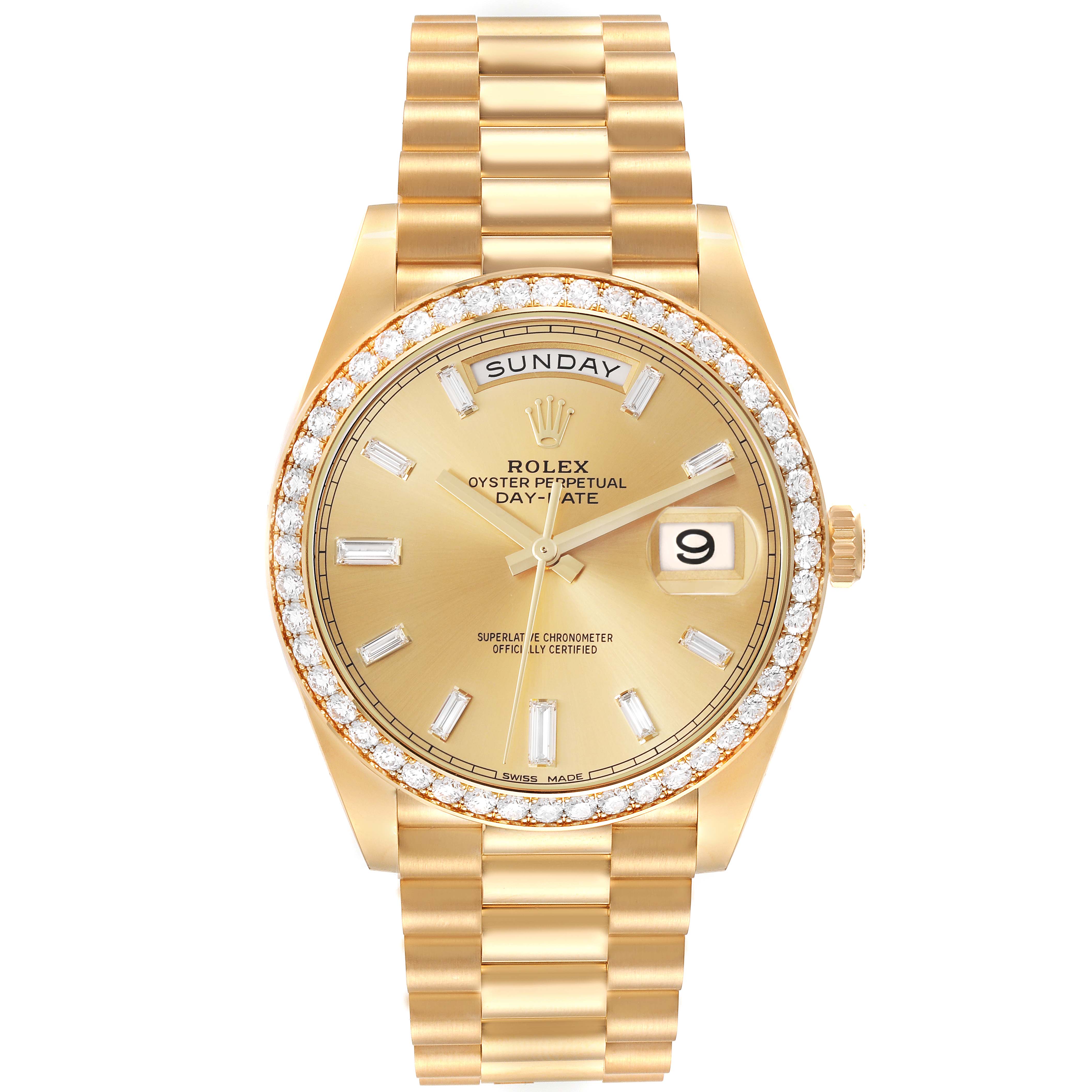 The Rolex President 228348 Men's Yellow Gold Champagne Dial 228348 Men's Yellow Gold Champagne Dial model is shown from the front, highlighting the dial, bezel, and gold bracelet.