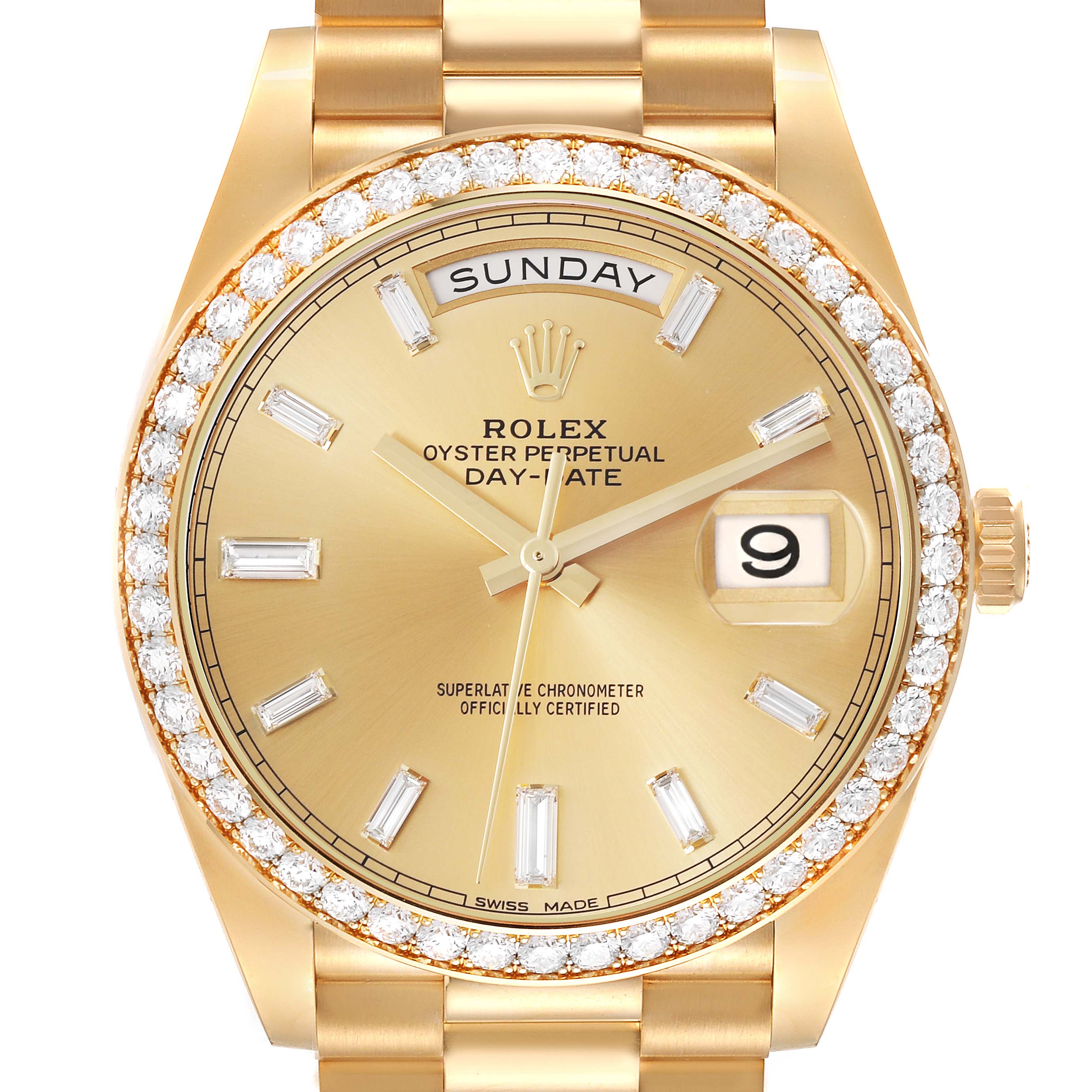 The Rolex President 228348 Men's Yellow Gold Champagne Dial 228348 Men's Yellow Gold Champagne Dial model is shown from a front angle, displaying the face, markers, bezel, and part of the bracelet.
