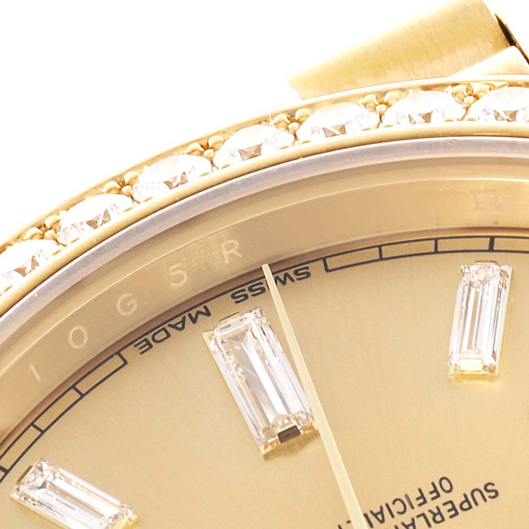 The image shows a close-up of the dial and bezel with diamond indices on a Rolex President 228348 Men's Yellow Gold Champagne Dial 228348 Men's Yellow Gold Champagne Dial model watch.
