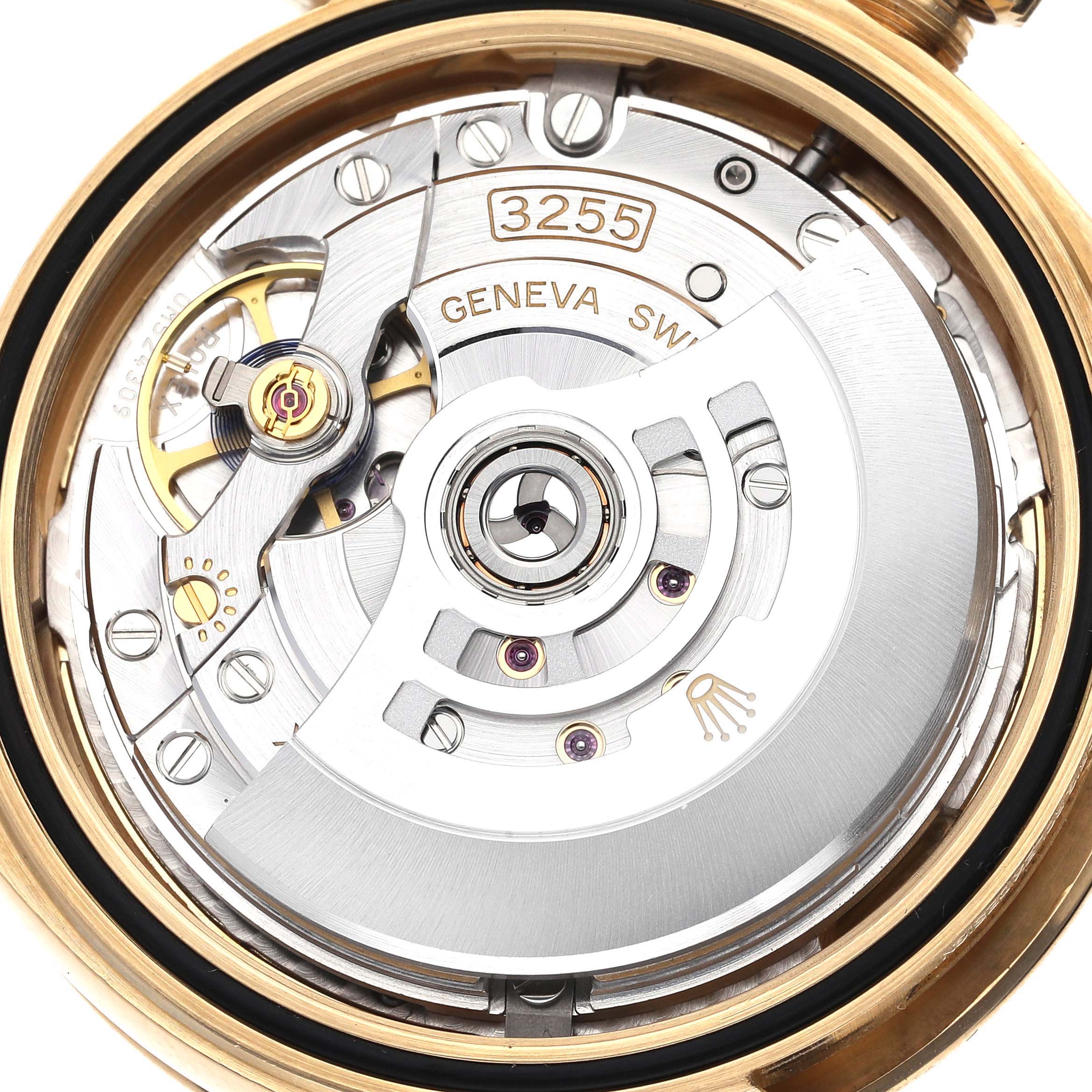 The image shows an angled view of the Rolex President 228348 Men's Yellow Gold Champagne Dial 228348 Men's Yellow Gold Champagne Dial watch movement, highlighting its intricate mechanics.