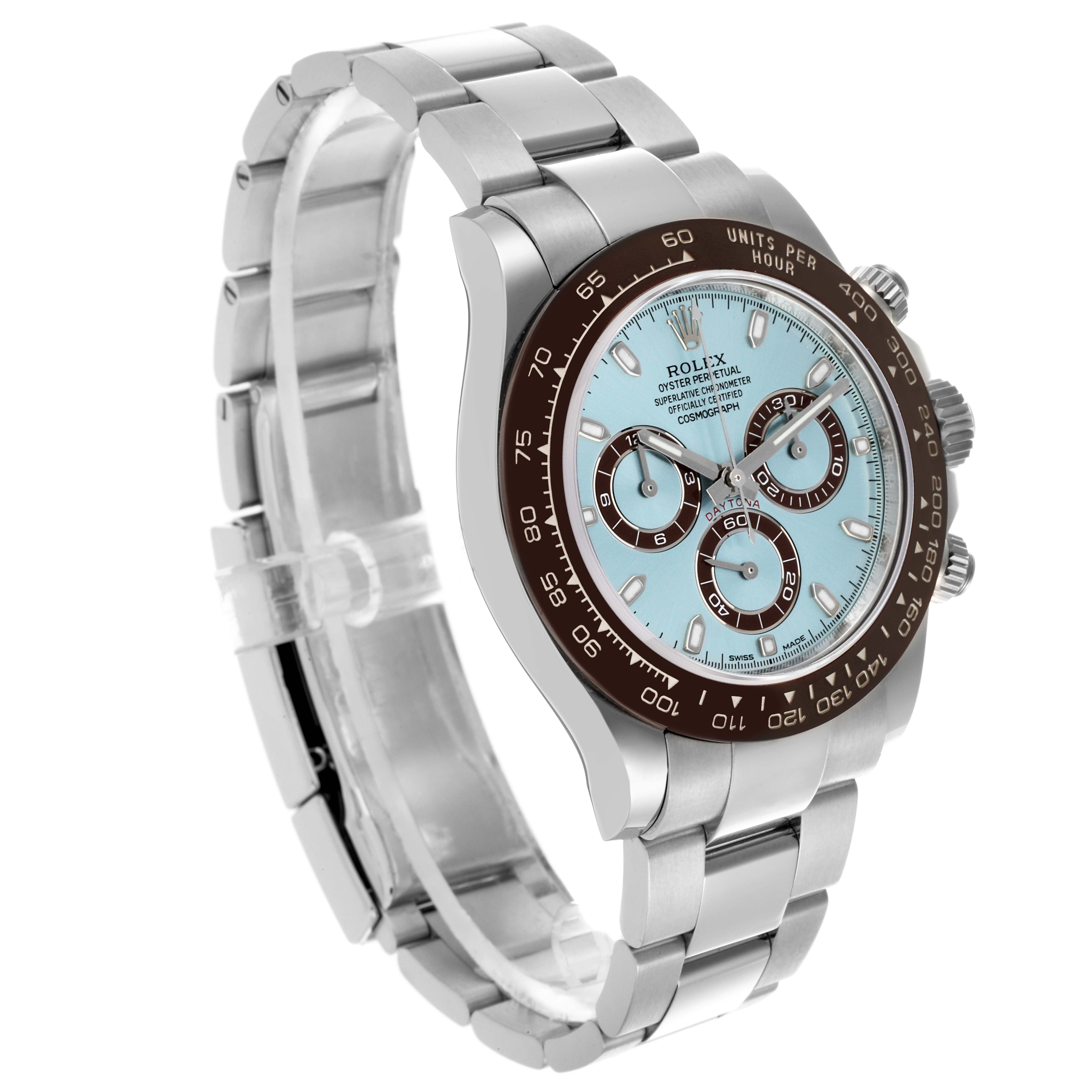 The image shows a side angle of the Rolex Daytona 116506 Men's Platinum Blue Dial 116506 Men's Platinum Blue Dial, displaying the dial, bezel, case, and part of the bracelet.
