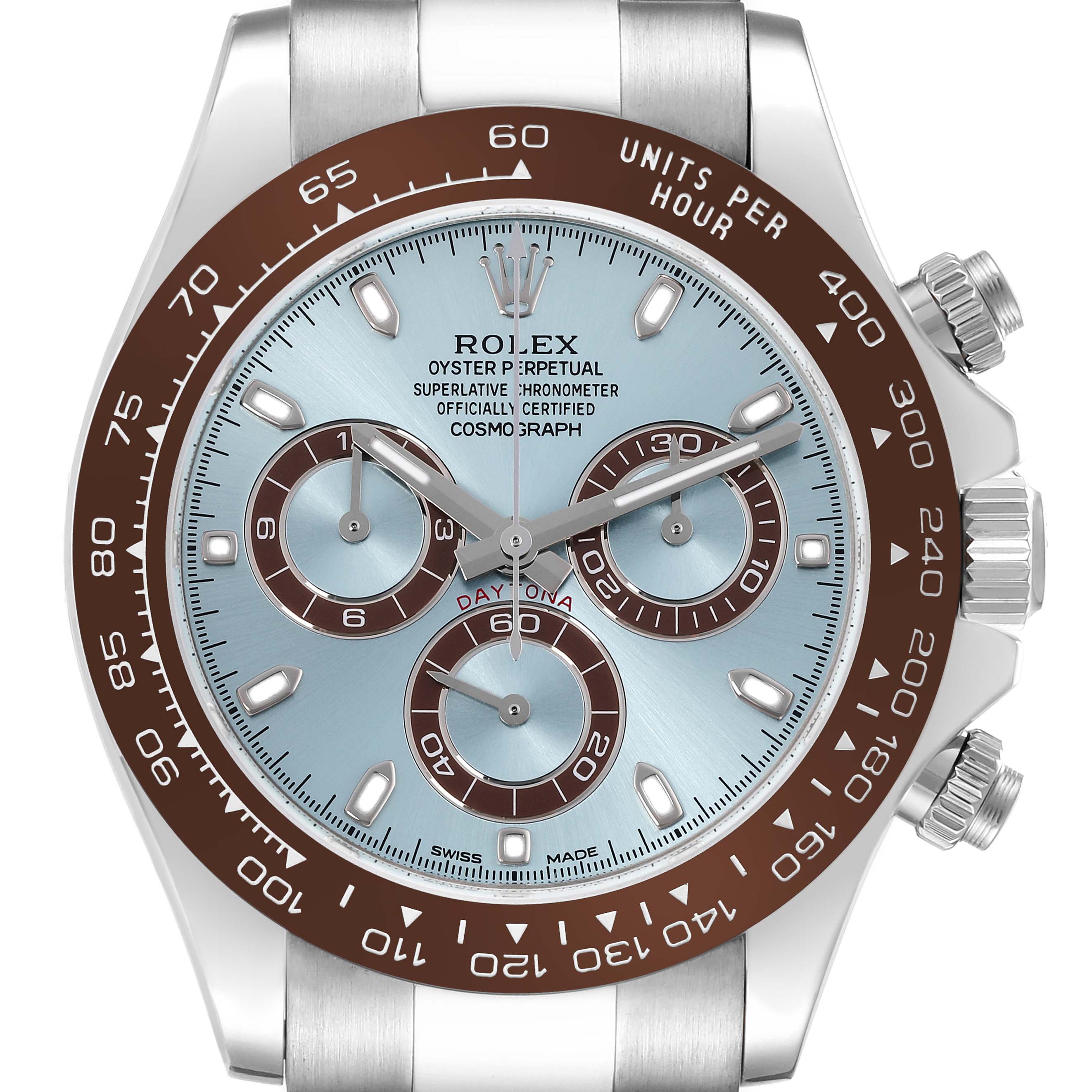 The image shows a close-up front view of the Rolex Daytona 116506 Men's Platinum Blue Dial 116506 Men's Platinum Blue Dial watch face, highlighting its dials and bezel.