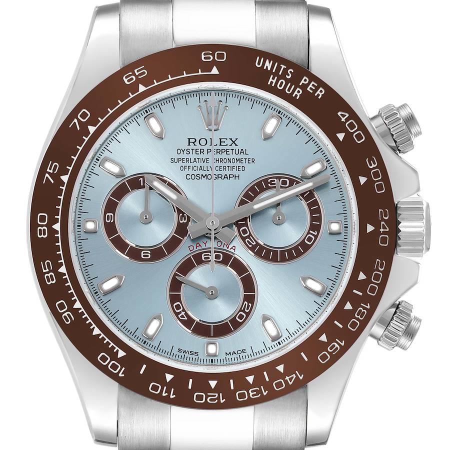 The image shows a close-up front view of the Rolex Daytona watch face, highlighting its dials and bezel.